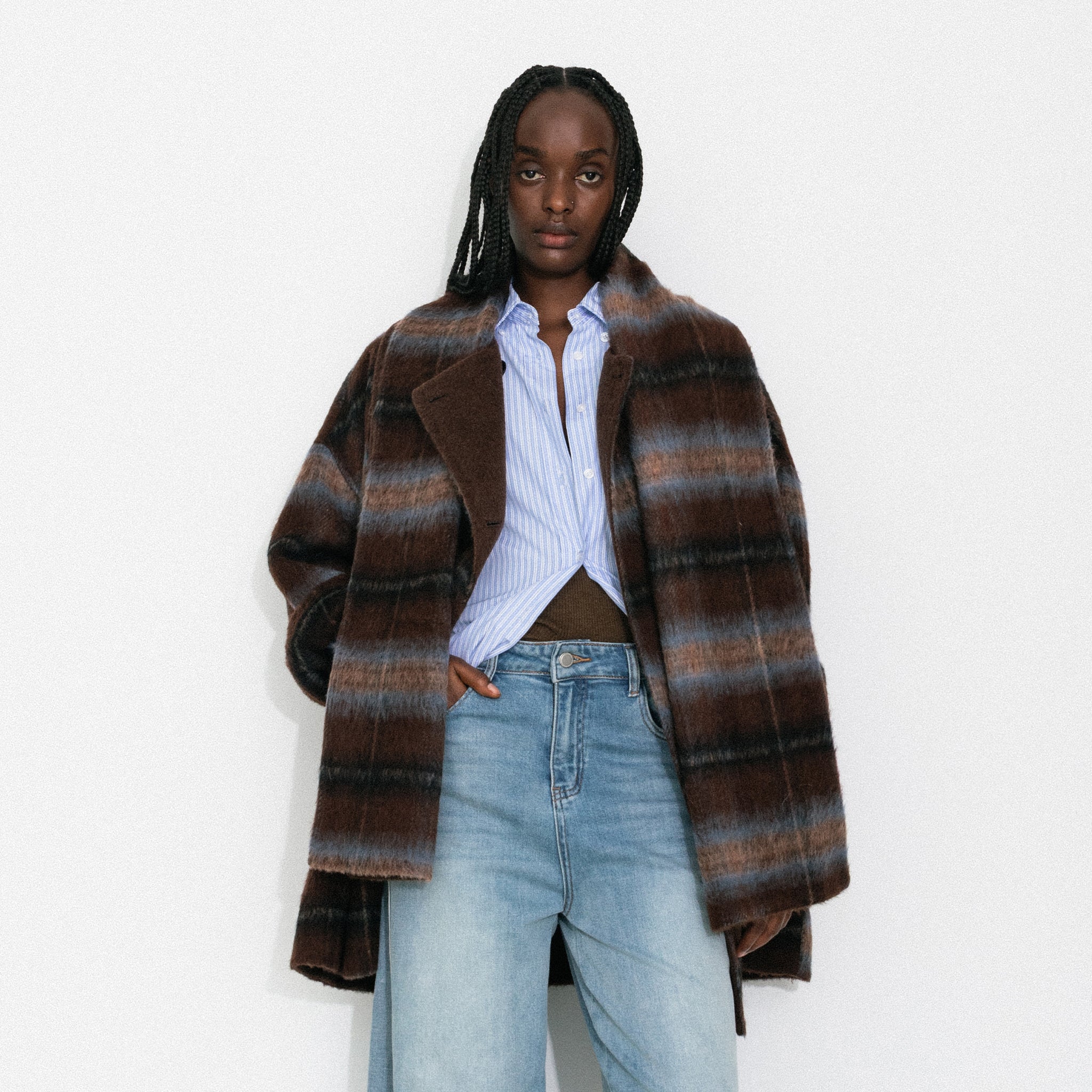 Plaid A-Line Coat with Scarf Collar-3
