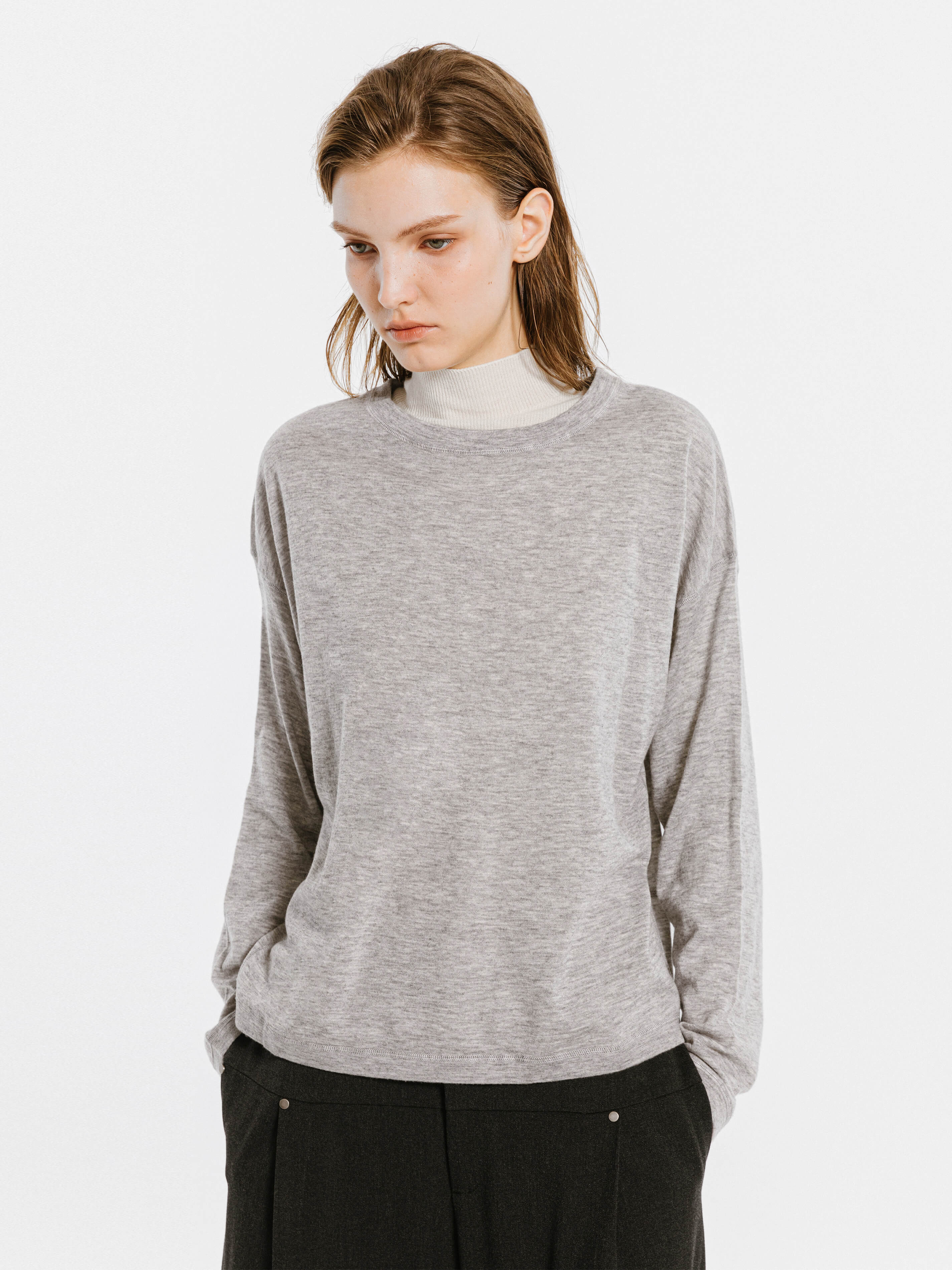 Crew Neck Long Sleeve Top with Wool Blend-3