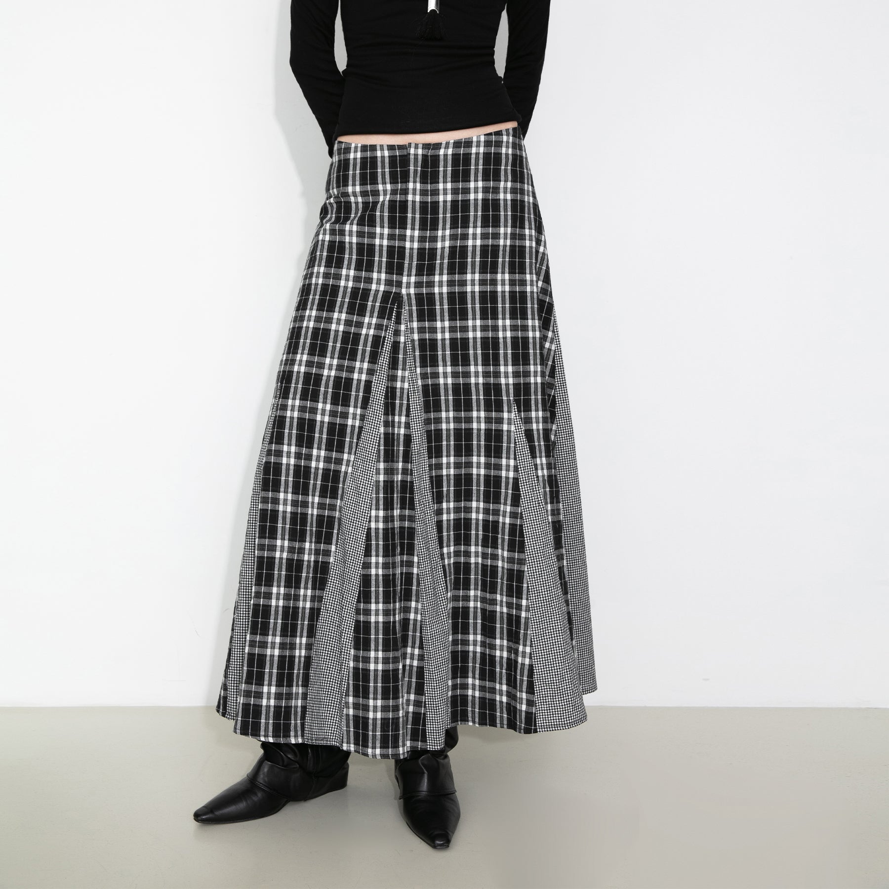 100% Cotton Patchwork Check A-Line Maxi Skirt-3