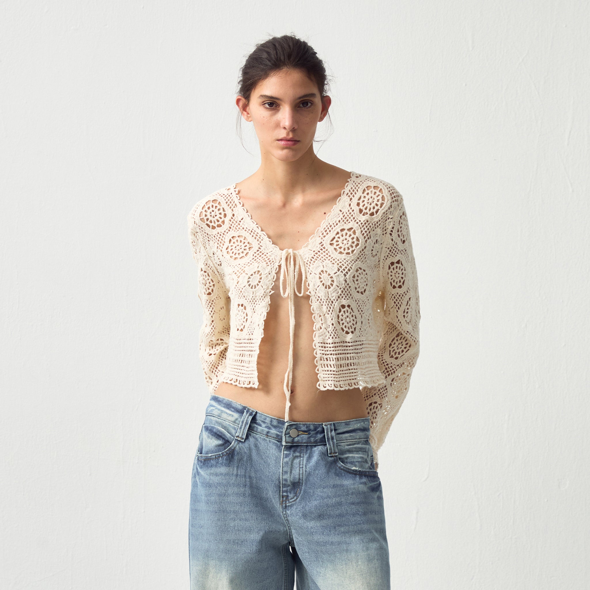 CUBIC Cotton Crochet Lace Trim Cropped Cardigan-3