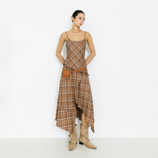 Checkered A-Line Cami Dress with Asymmetrical Hem