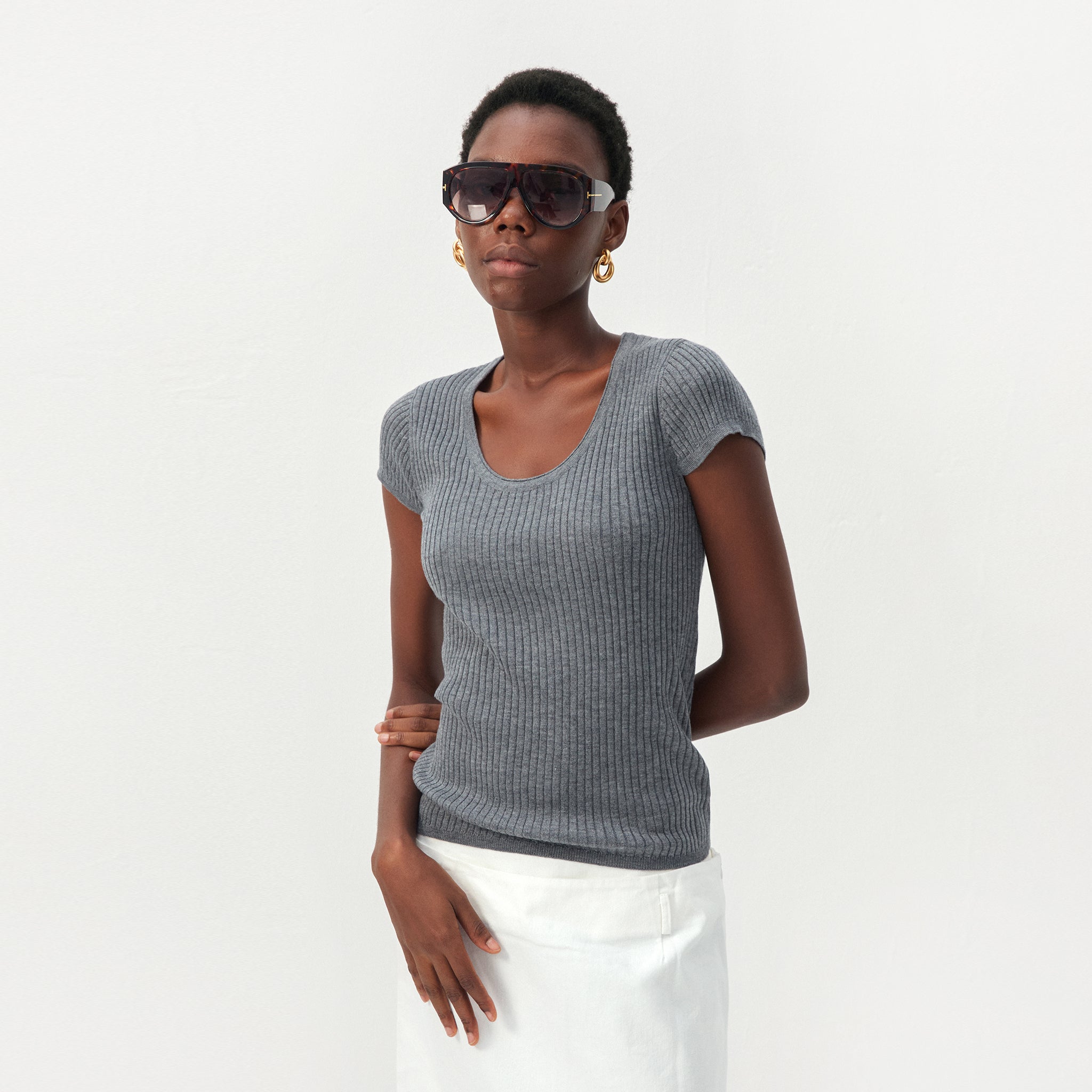 CUBIC Wool-Blend Ribbed Scoop Neck Knit Top-3