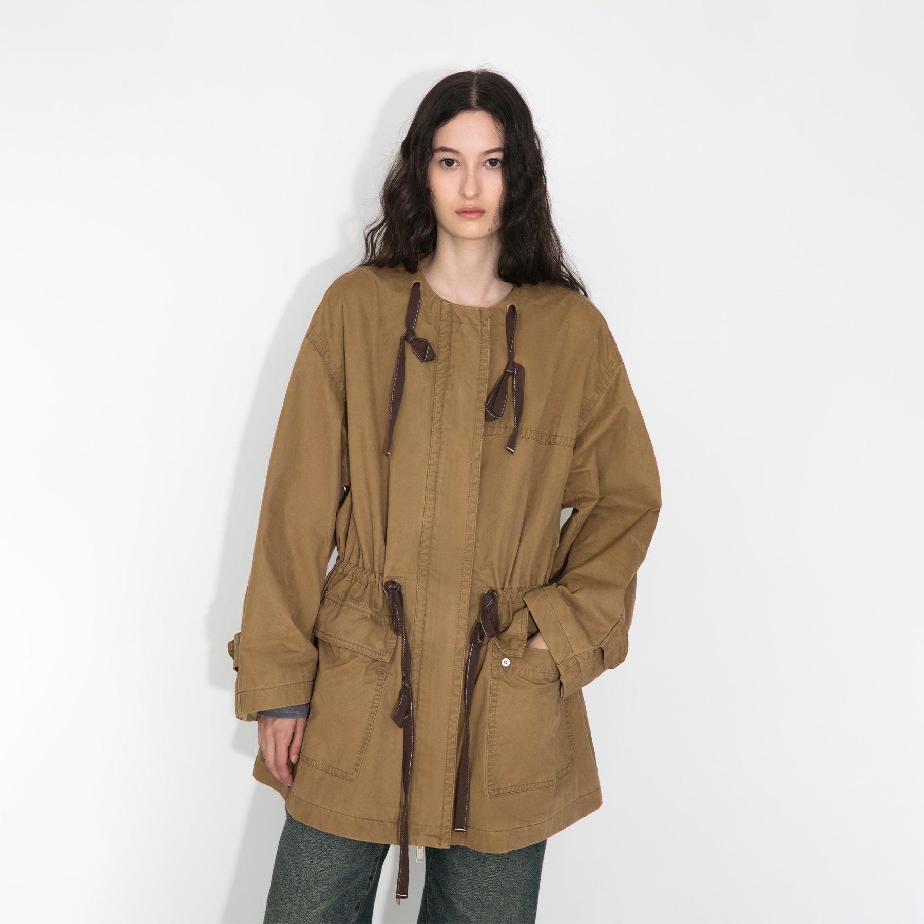 Drawstring Crewneck Mid-Length Trench Coat-3