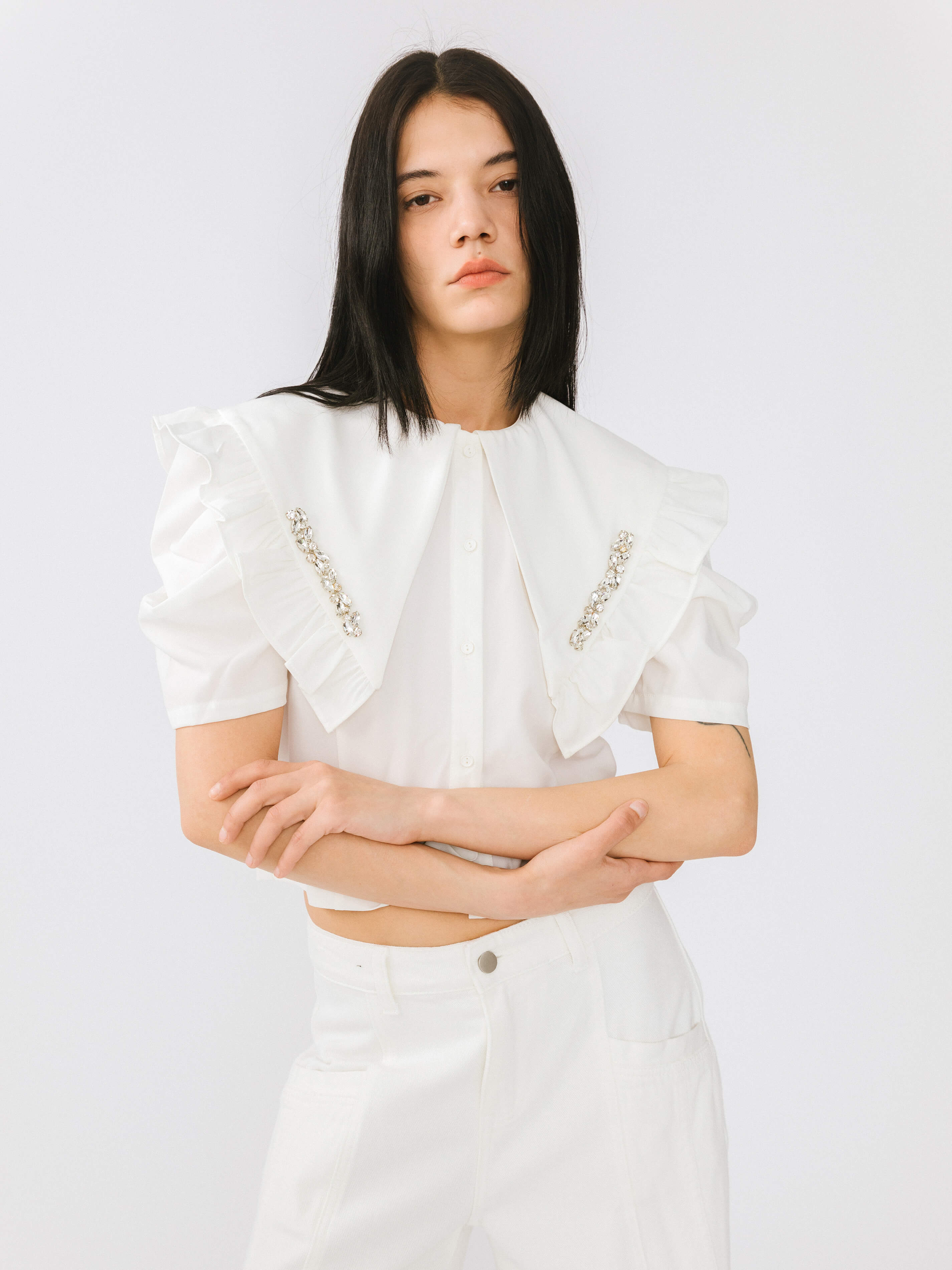 Large Lapel Strass Puff Sleeves T-shirt-3