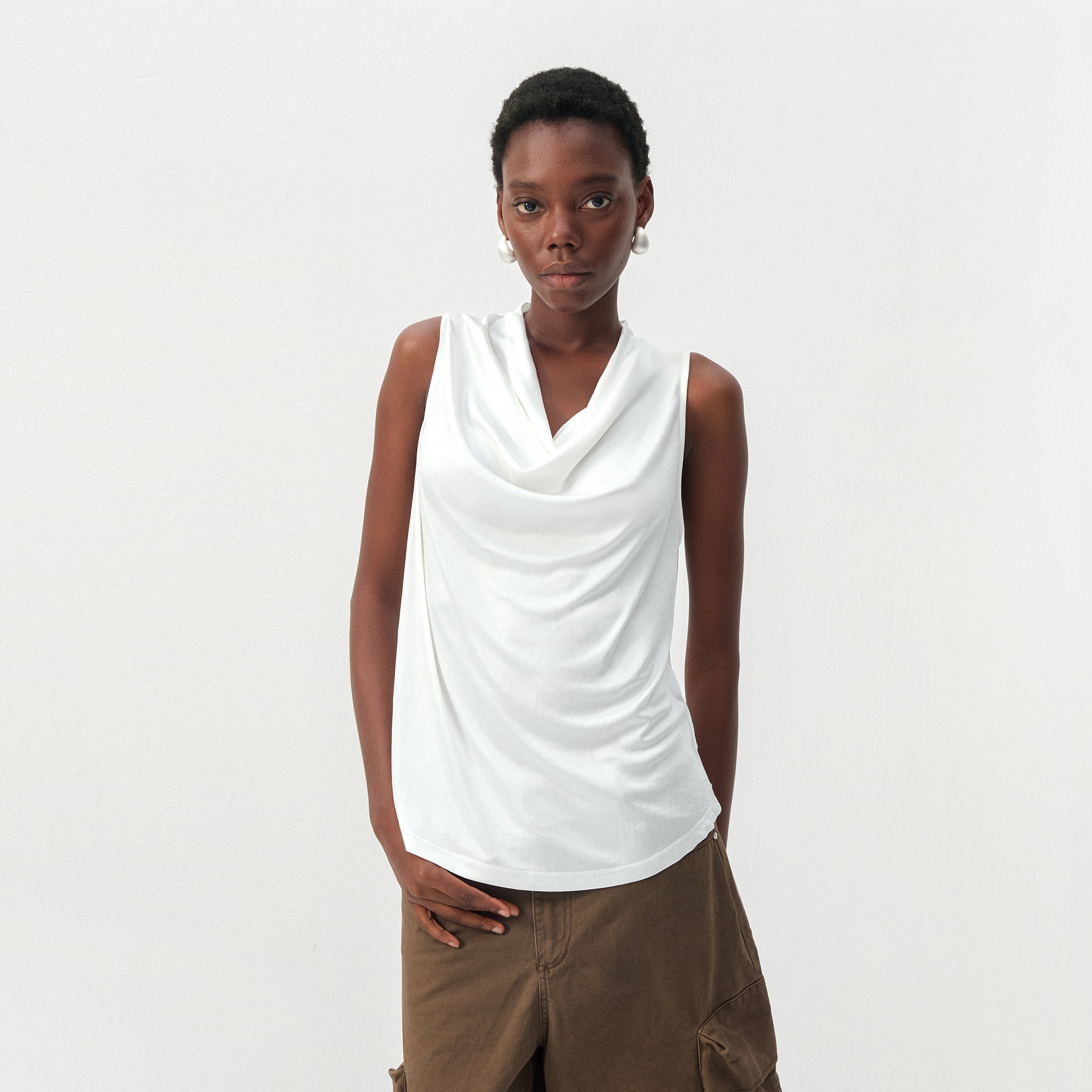 CUBIC Acetate Solid Cowl Neck Sleeveless Top-3