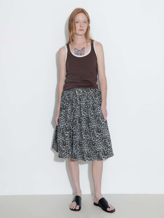 Leopard Print Pleated A-Line Skirt with Belt