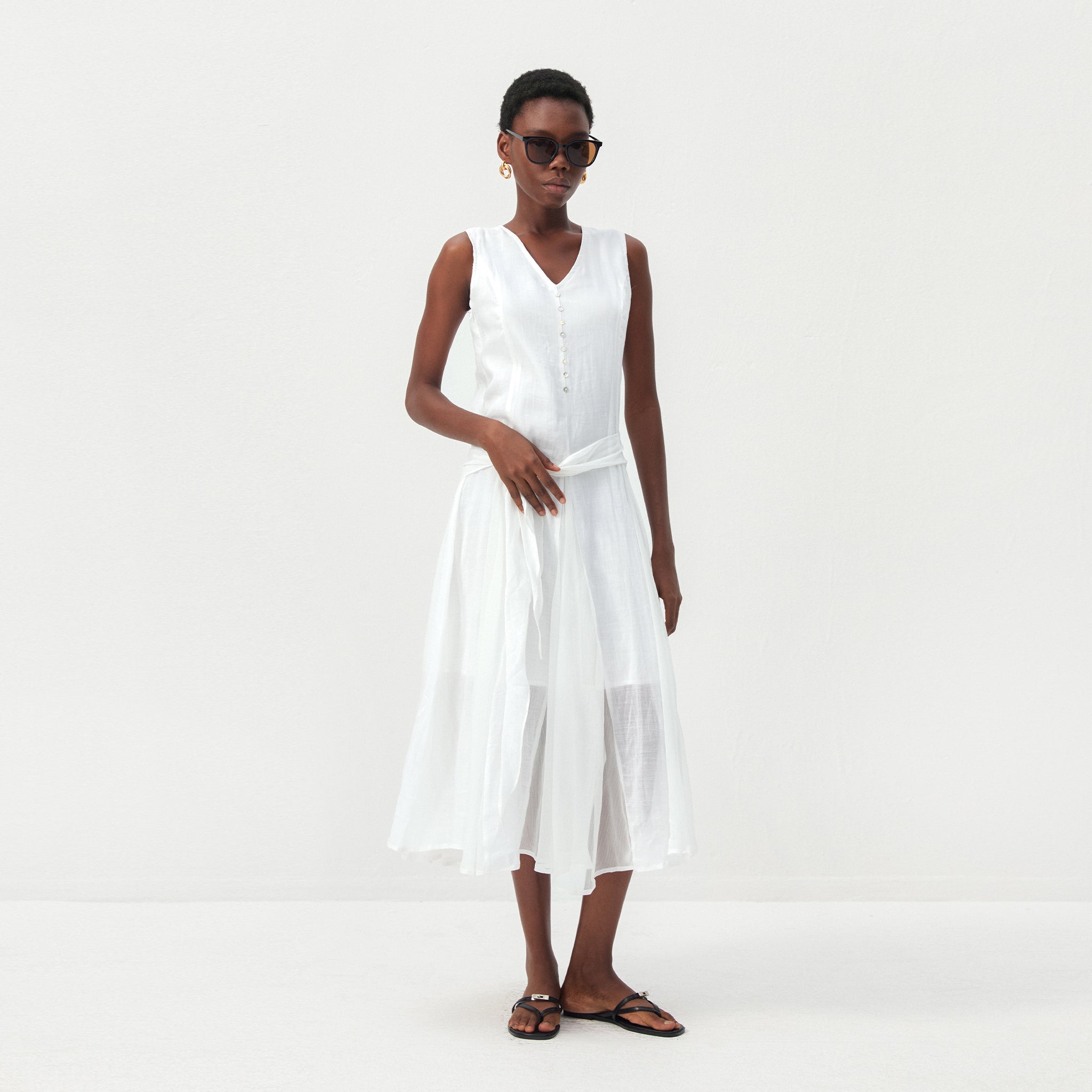 CUBIC Ramie & Chiffon Two-Piece Belted Midi Dress-3