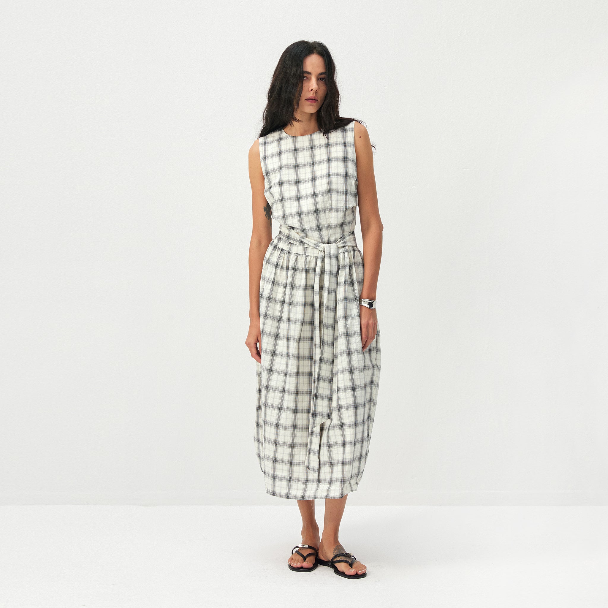 CUBIC Cotton Check Belted Sleeveless Midi Skirt-3