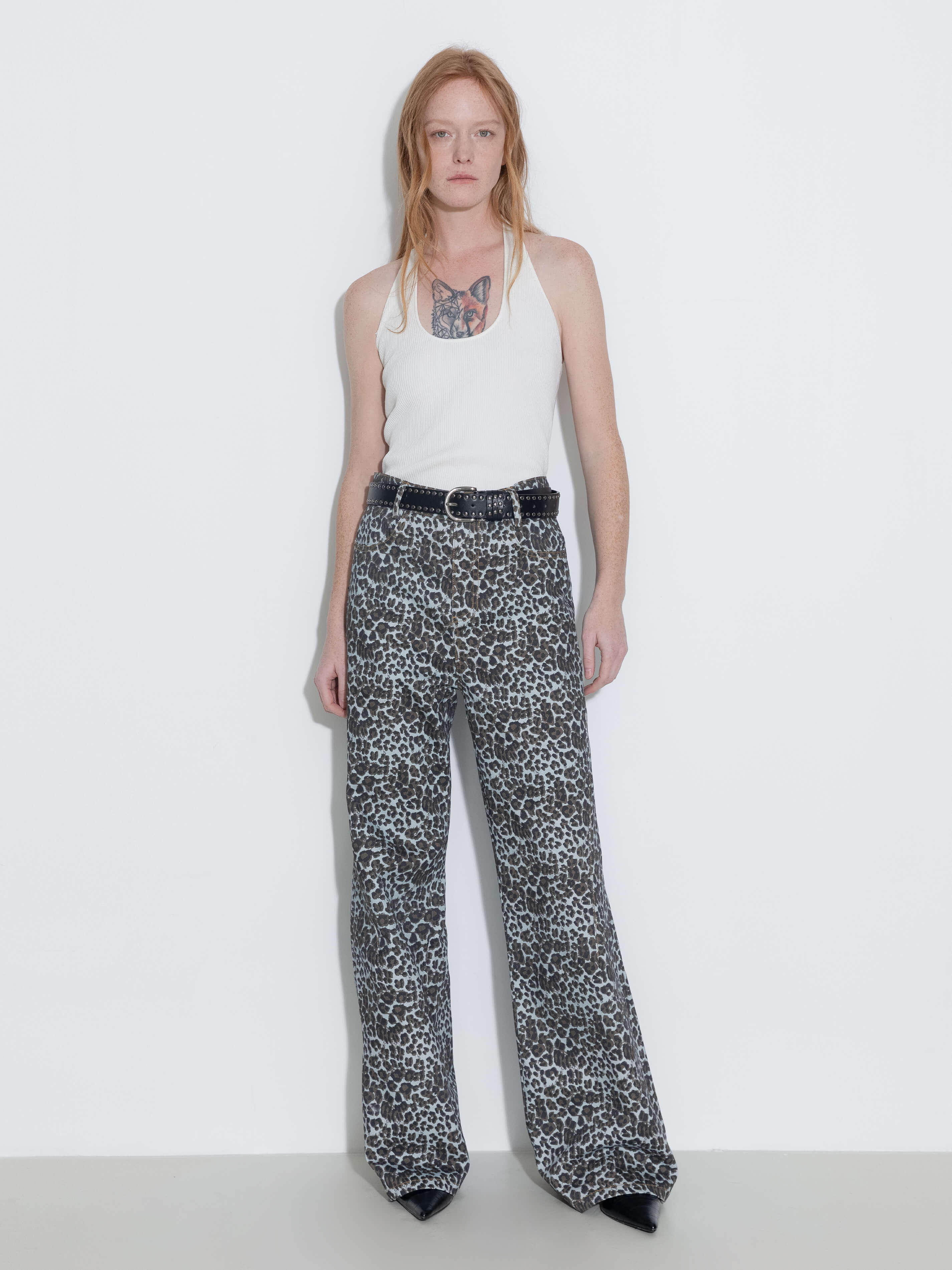 100% Cotton Leopard Print Flared Trousers-5