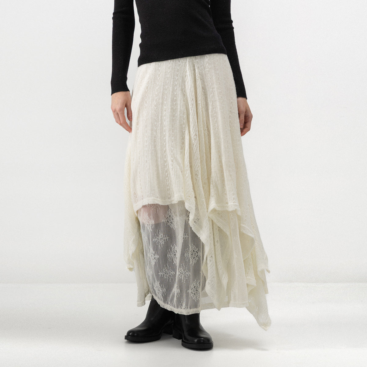 CUBIC Asymmetric Layered Wool Blend Lace Skirt-3