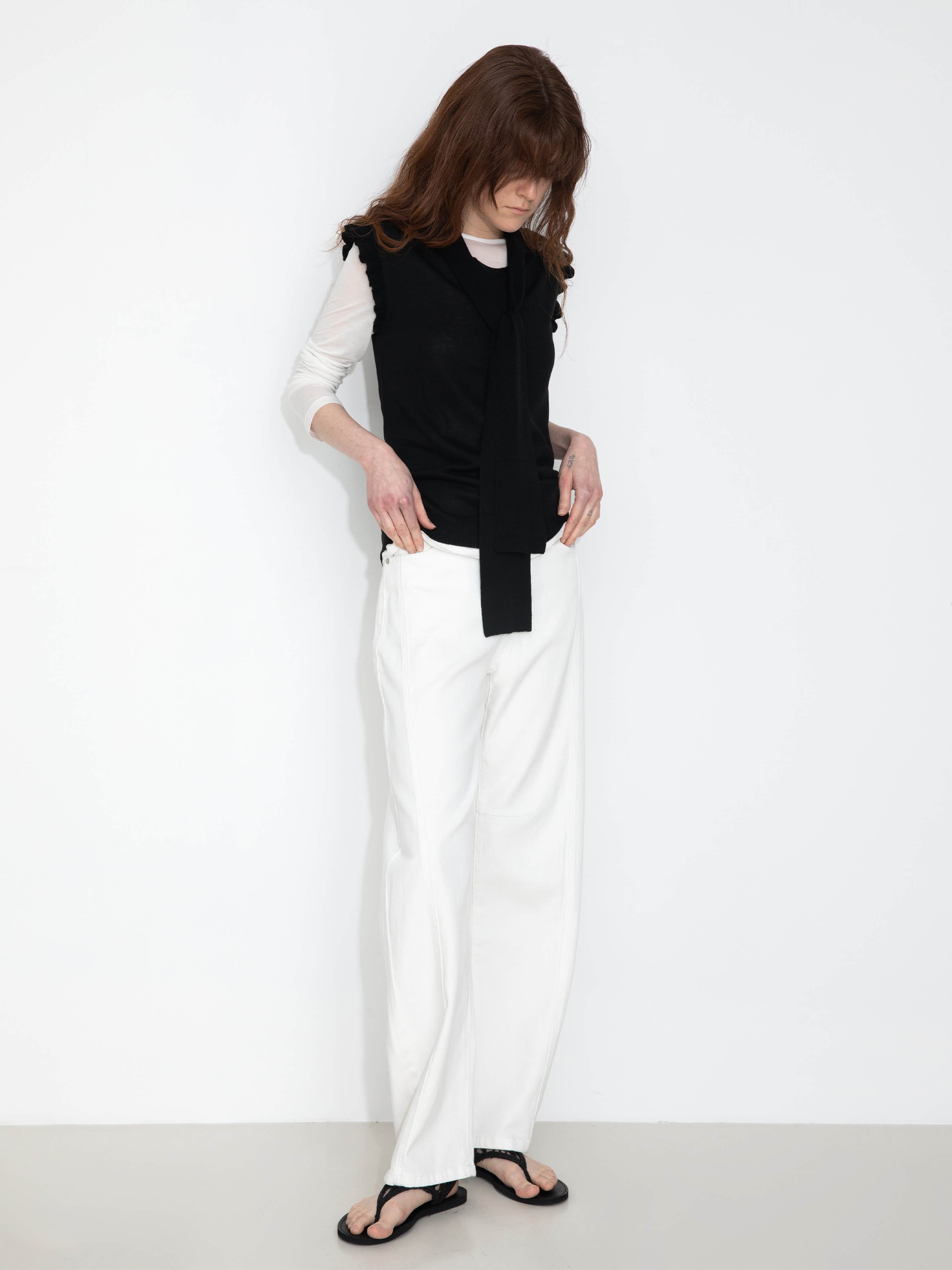 Ruffled Sleeve Sleeveless Knit Top with Attached Scarf-3