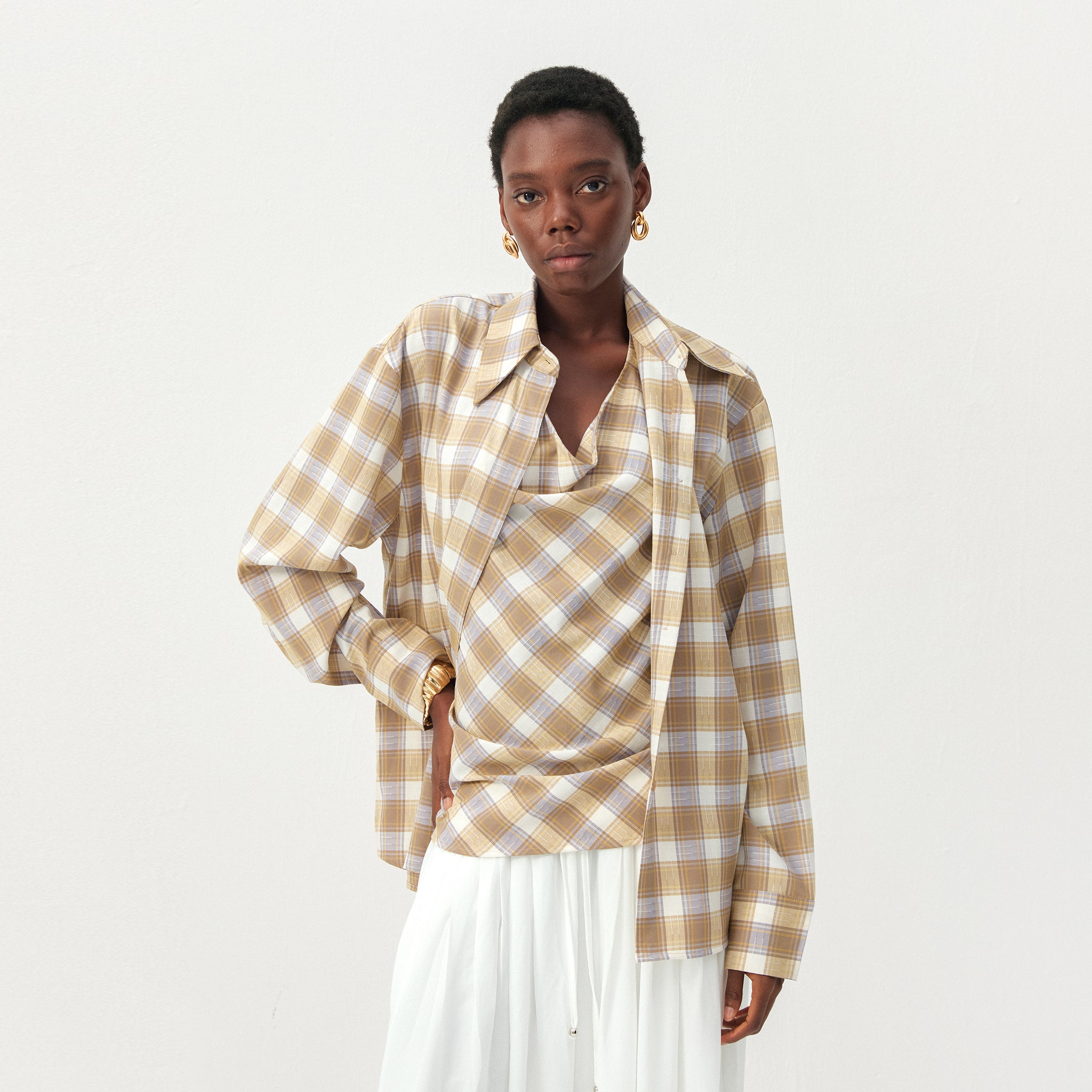 CUBIC Plaid Wrap-Effect Long Sleeve Blouse-3