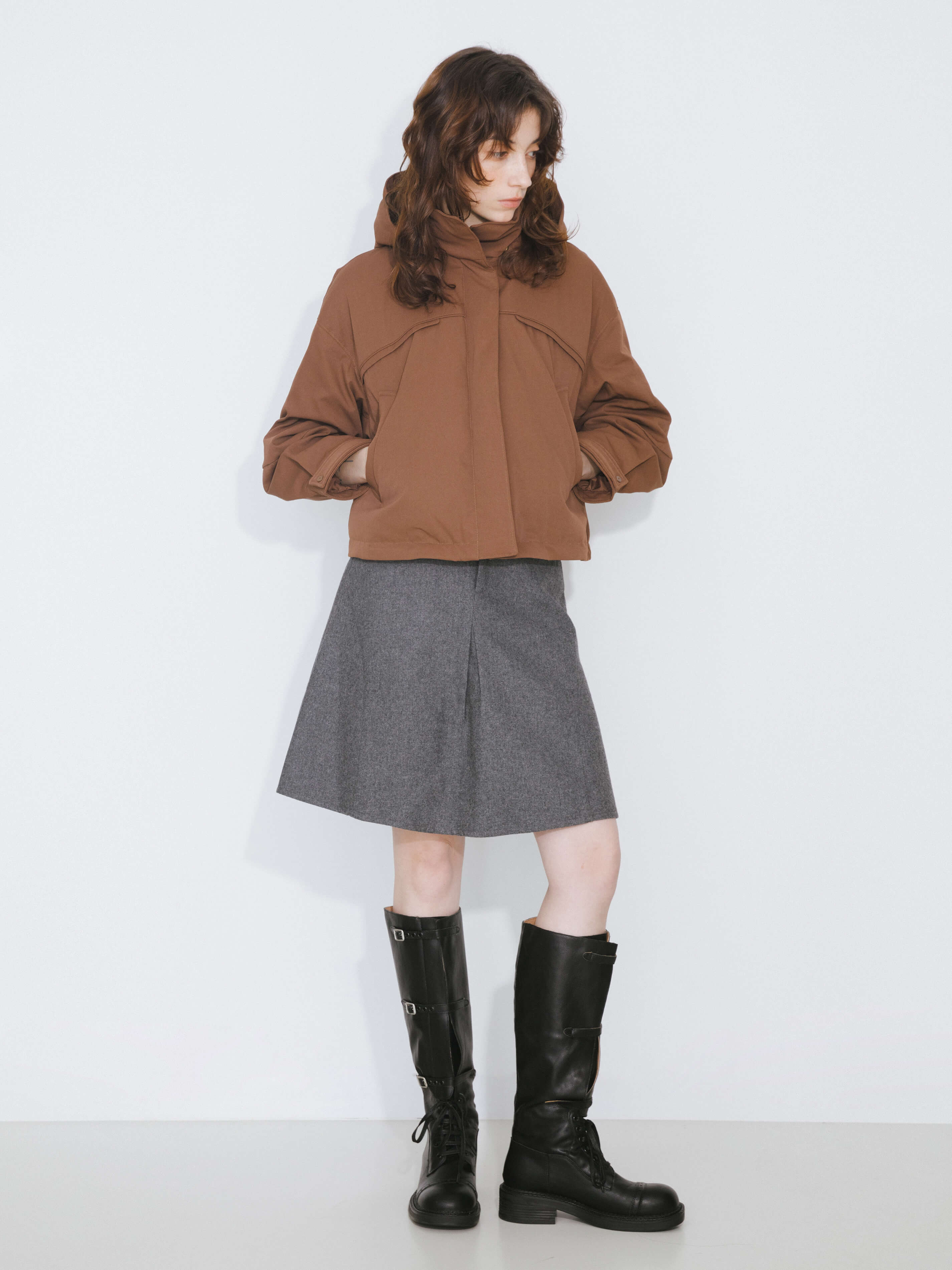 ONE BY CUBIC High Neck Short Loose Hem Down Jacket with Hood-3