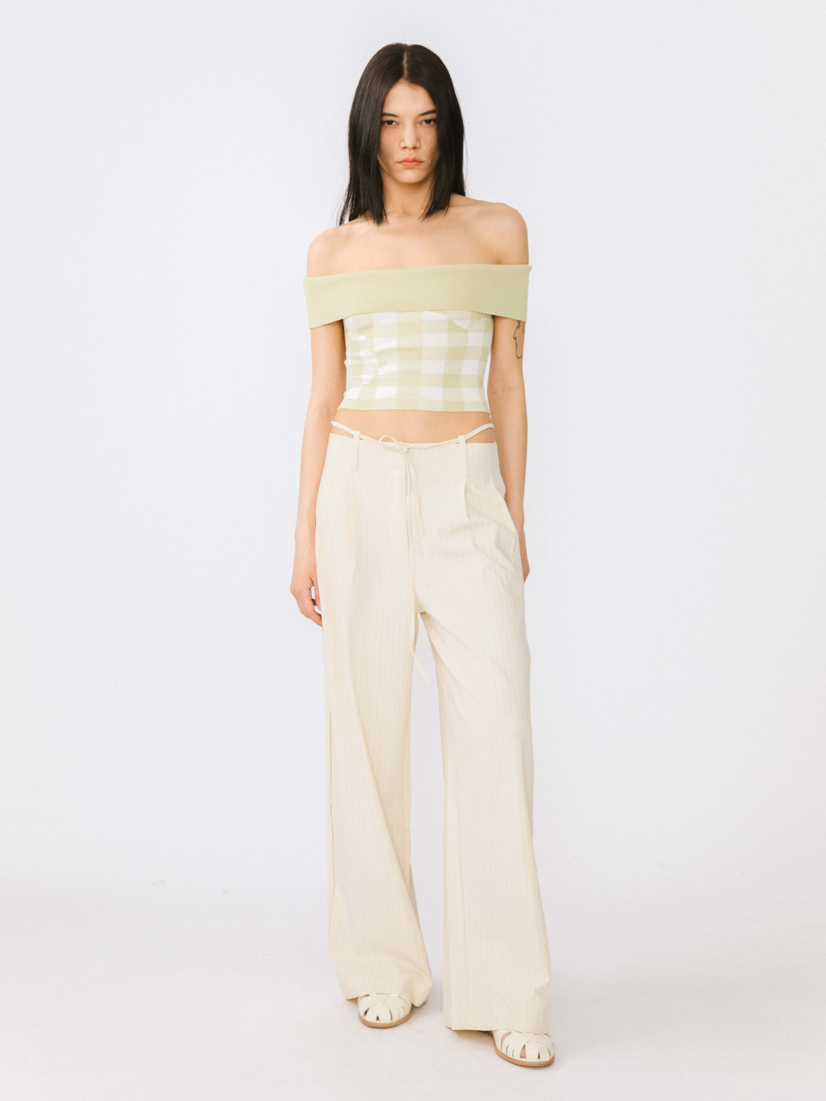 Off-Shoulder Checkered Knit Cami Top-3