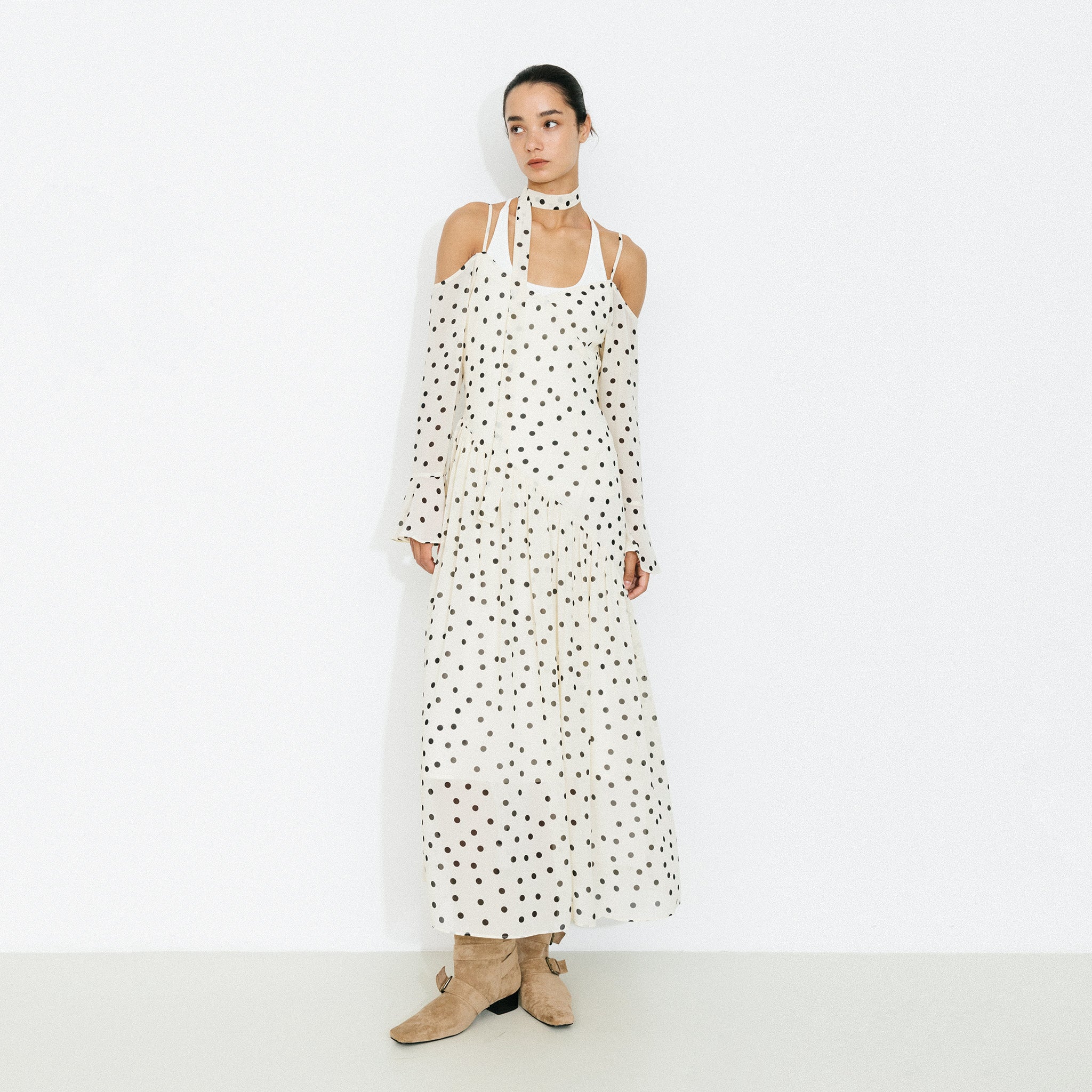 Polka Dot Off-Shoulder Cami Sleeve Maxi Dress-3
