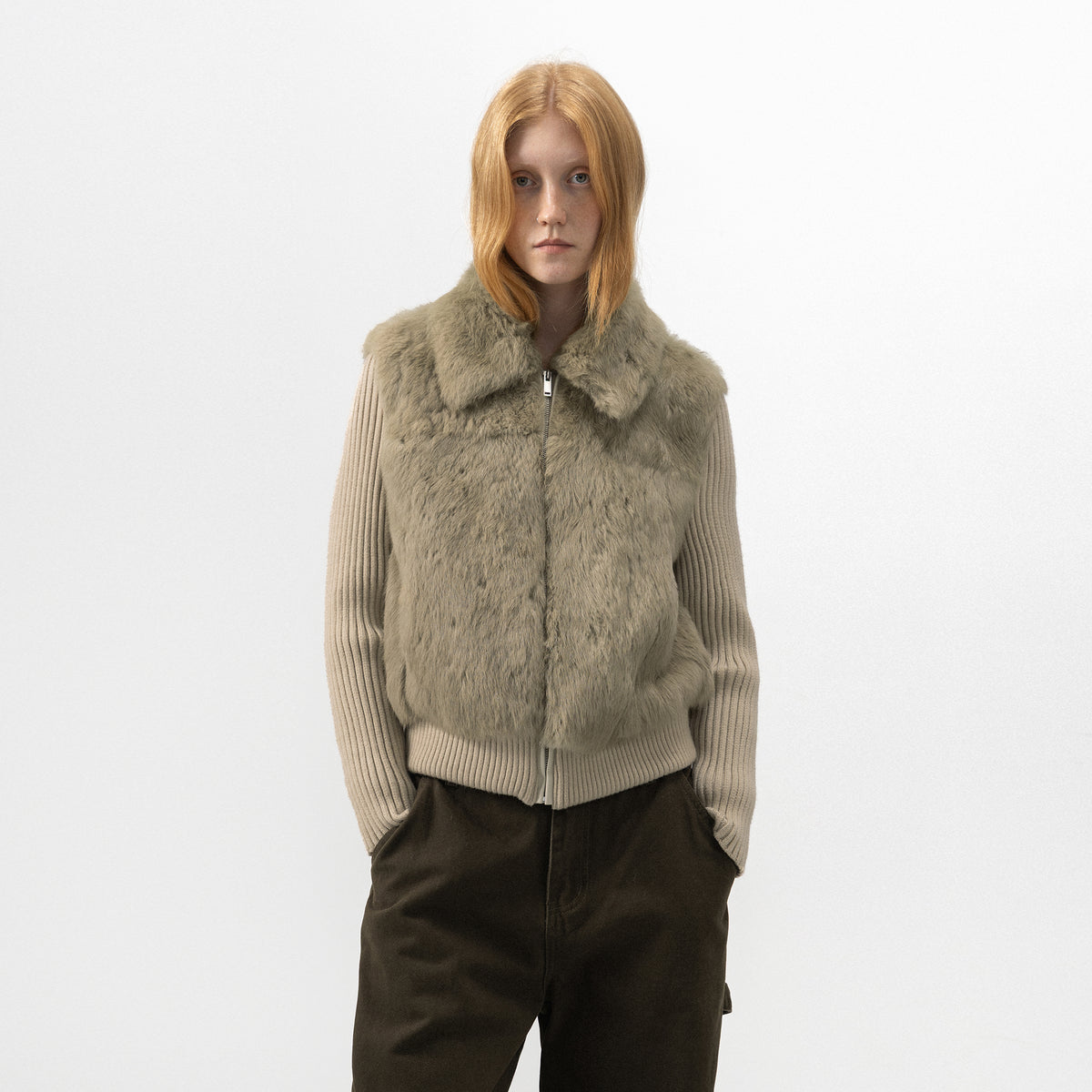 CUBIC Rabbit-Fur Panelled Knit Zip-Up Jacket-3