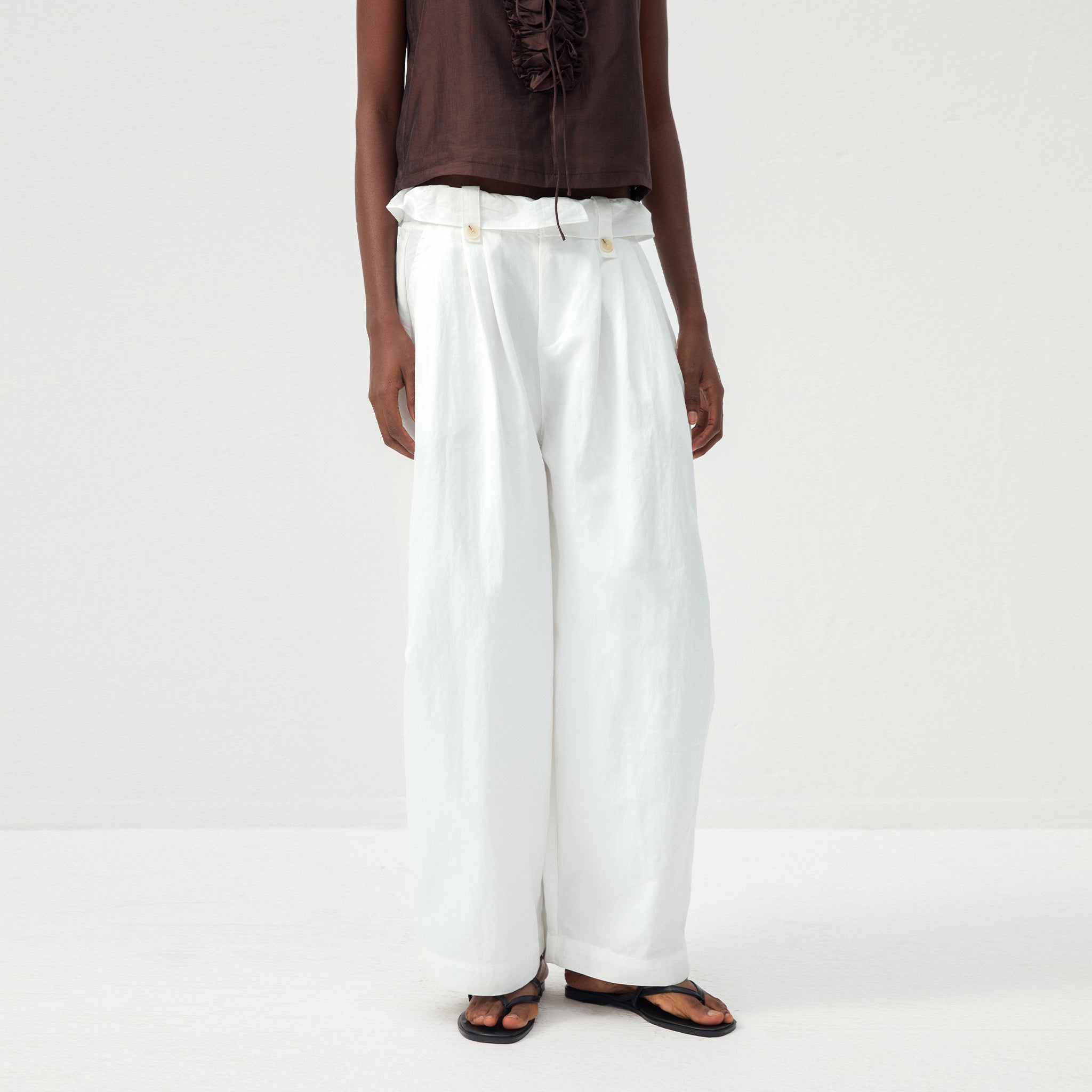 CUBIC Cotton-Blend Fold-Over Waist Wide-Leg Trousers-3