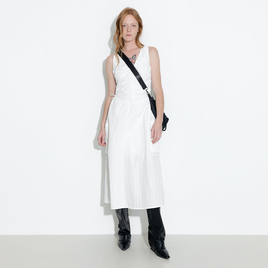 Drawstring Pleated V-Neck Sleeveless Dress-3