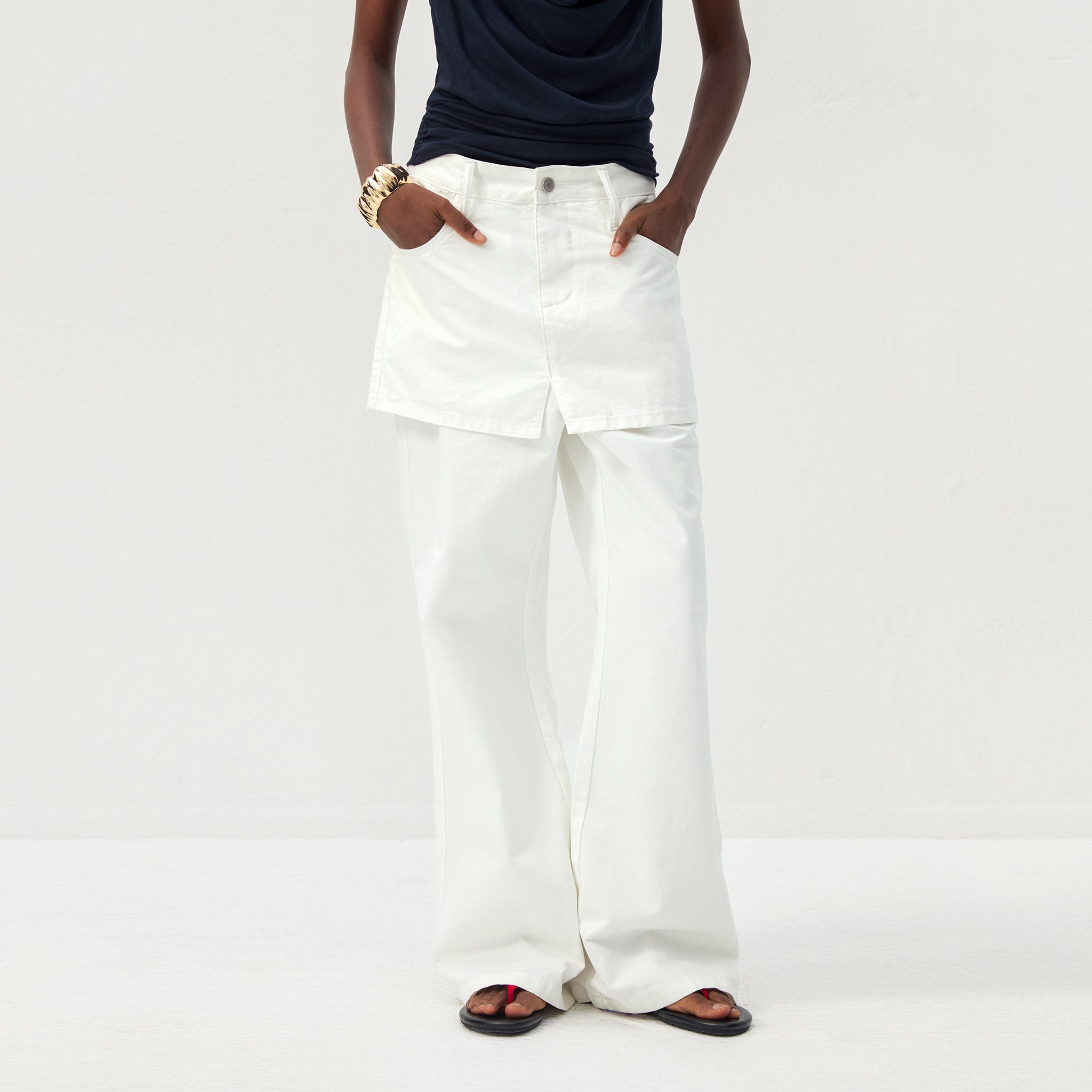 CUBIC Cotton-Blend Layered Skirt-Front Flare Trousers-3