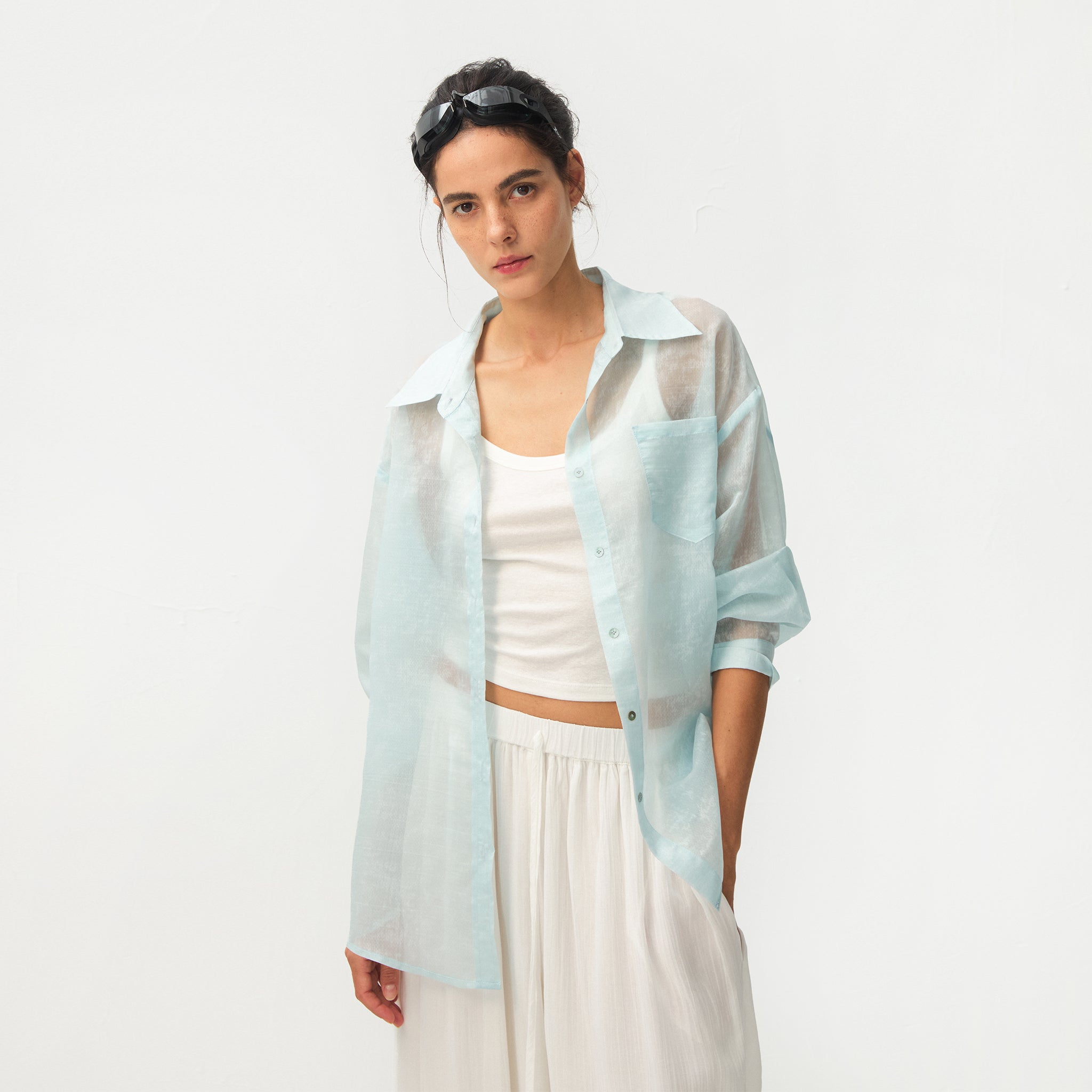 CUBIC Lyocell Oversized Sheer Button-Down Shirt-3