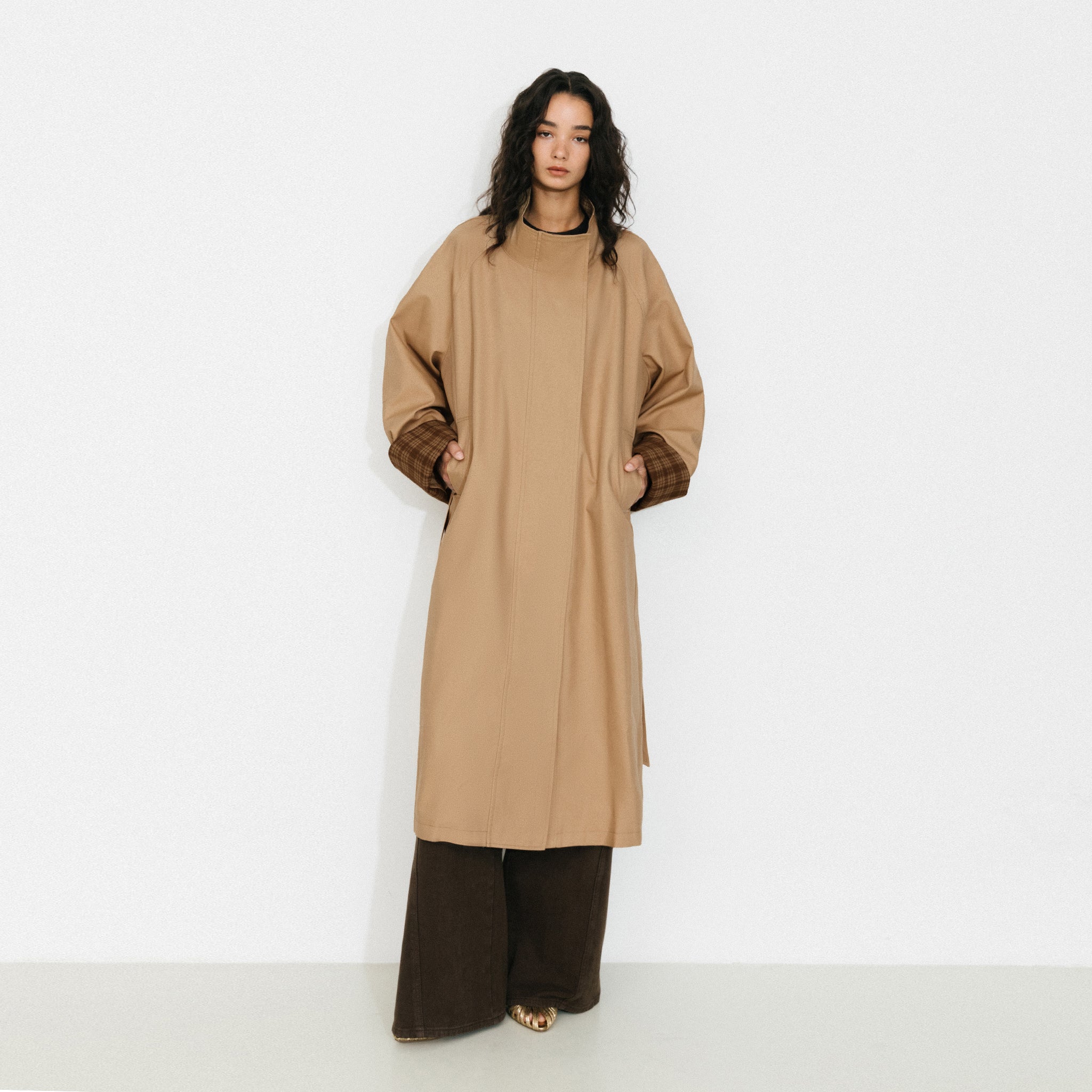 Funnel Neck Colorblock Cuff Trench Coat-3