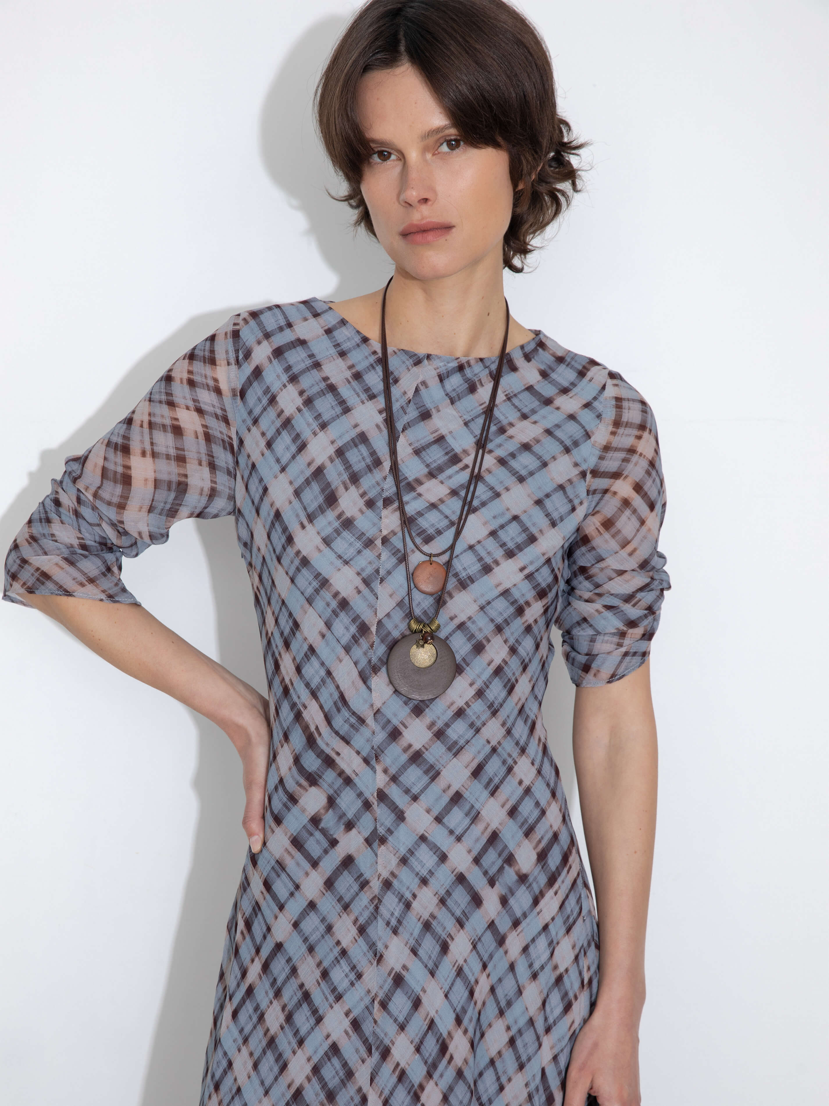 Checkered Crew Neck Long Sleeve Dress-4