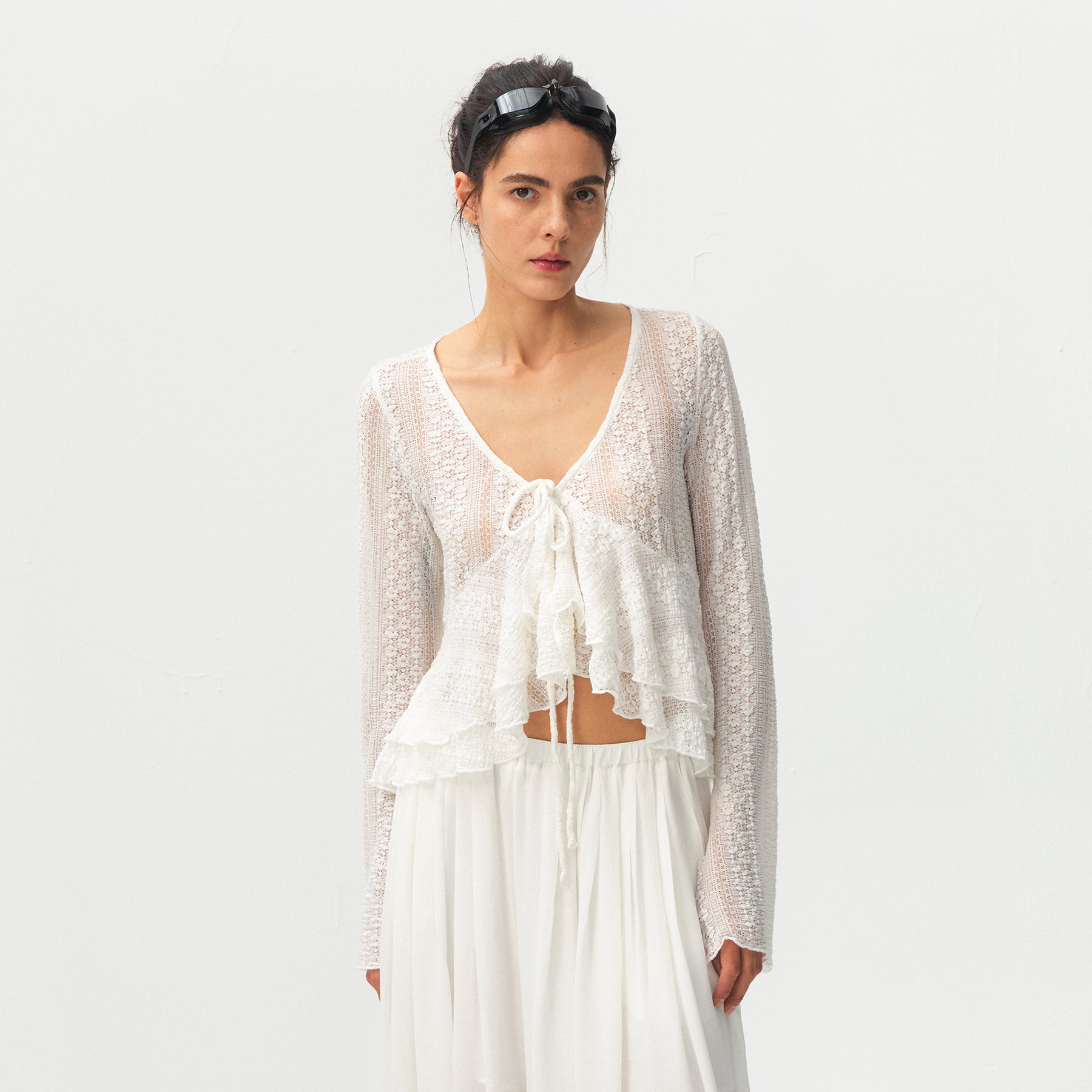CUBIC Sheer Knit Tie-Front Peplum Top-3