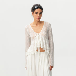 CUBIC Sheer Knit Tie-Front Peplum Top