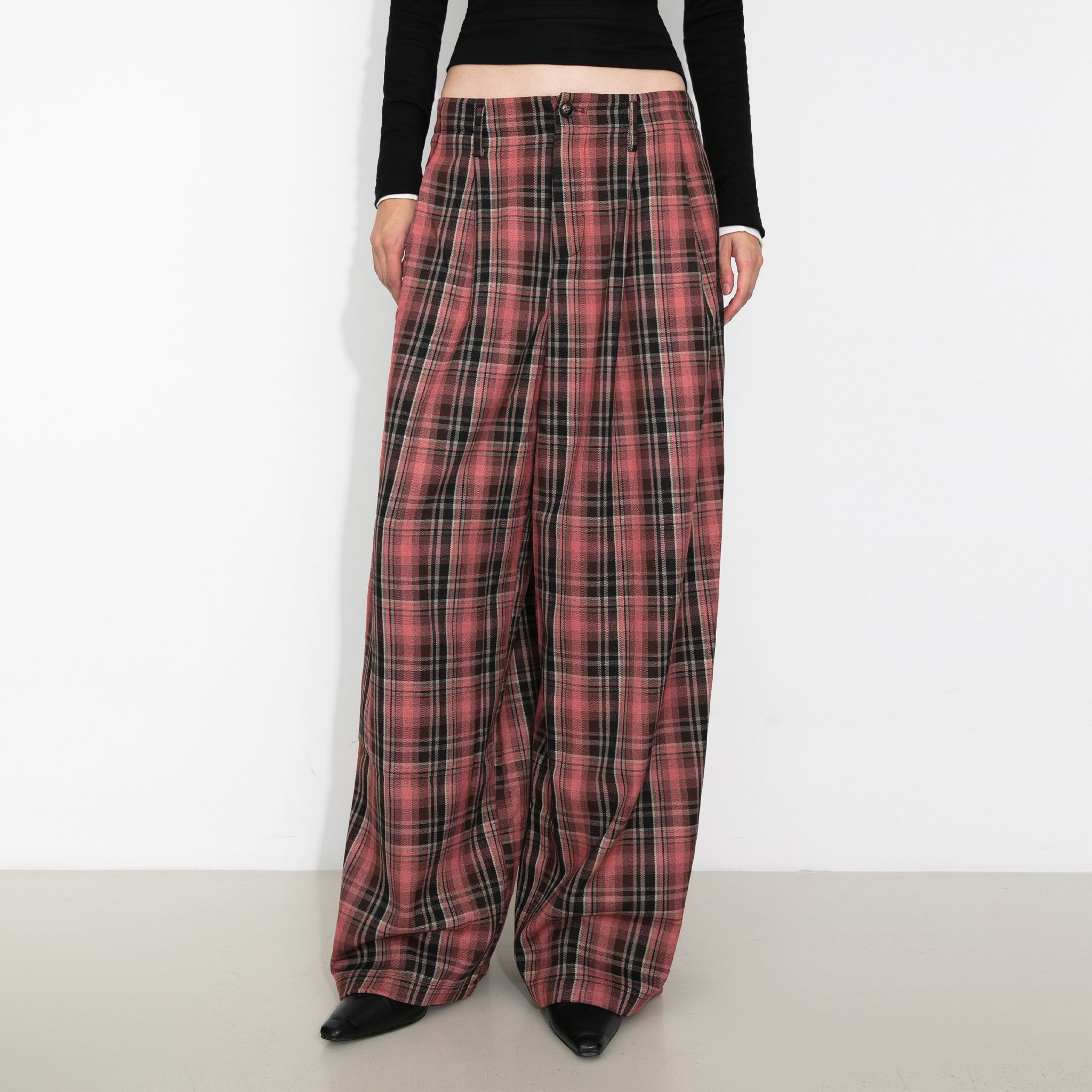 Striped Check Wide-Leg Draped Floor-Length Trousers-3