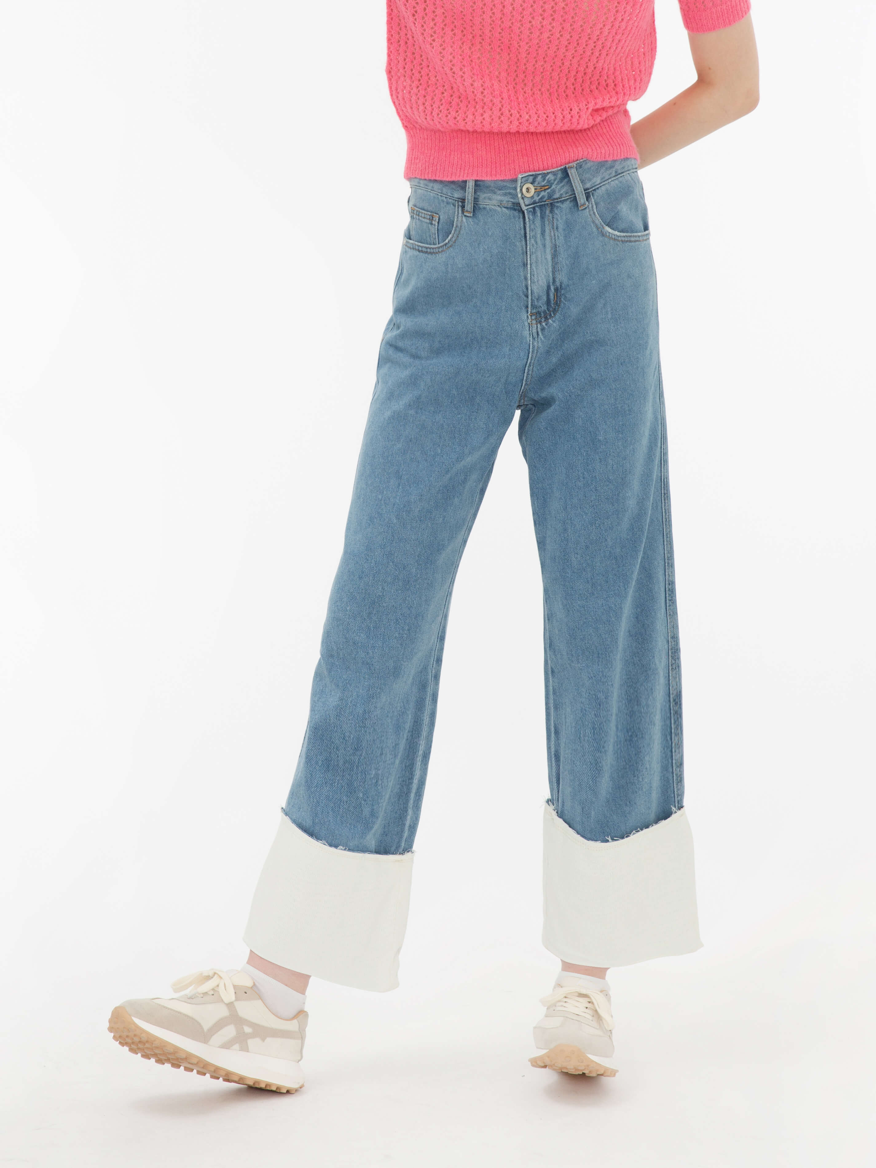 Blue and White Turn-Up Jeans-2