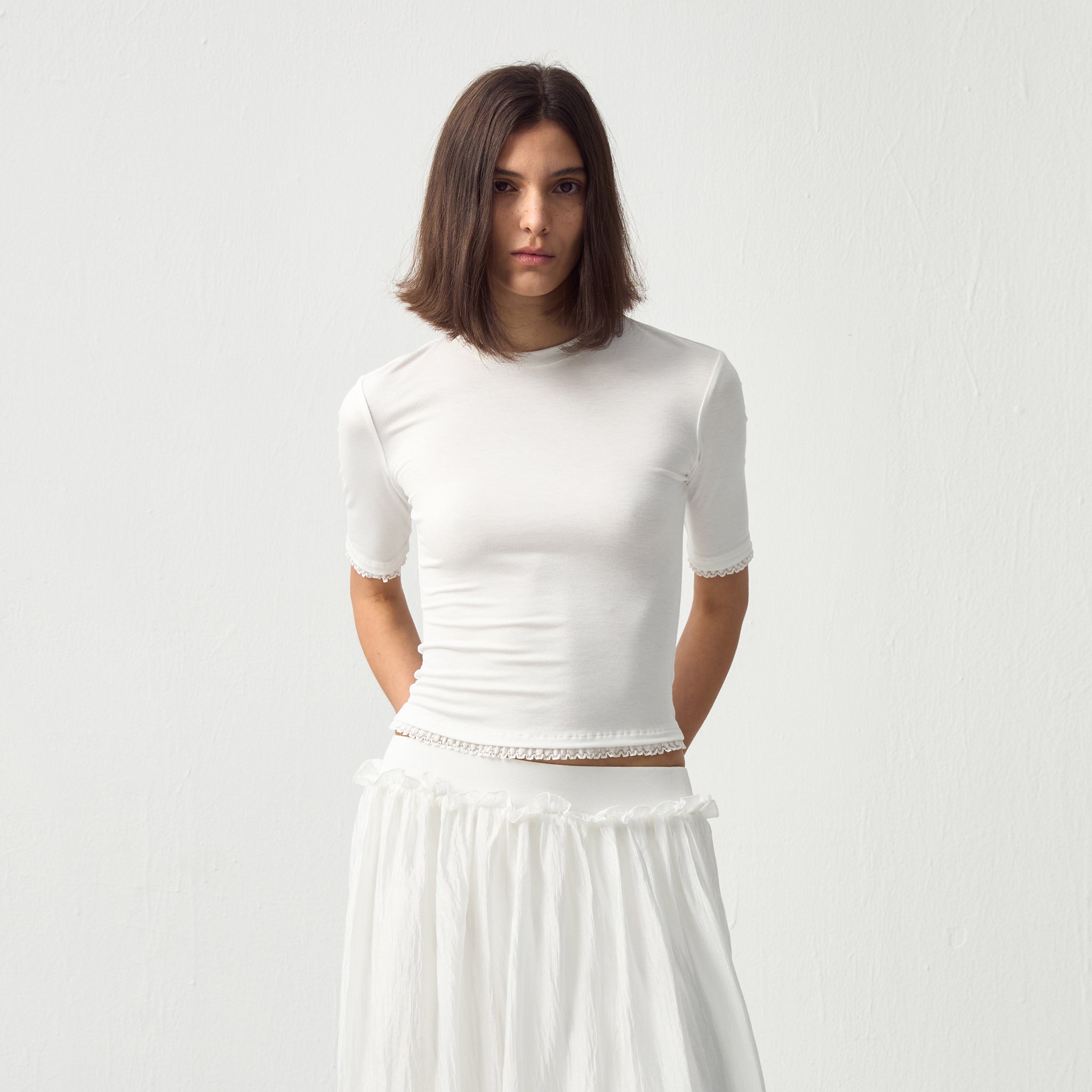 CUBIC Lace Trim Fitted Mid-Sleeve Top-3
