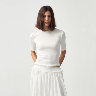 CUBIC Lace Trim Fitted Mid-Sleeve Top