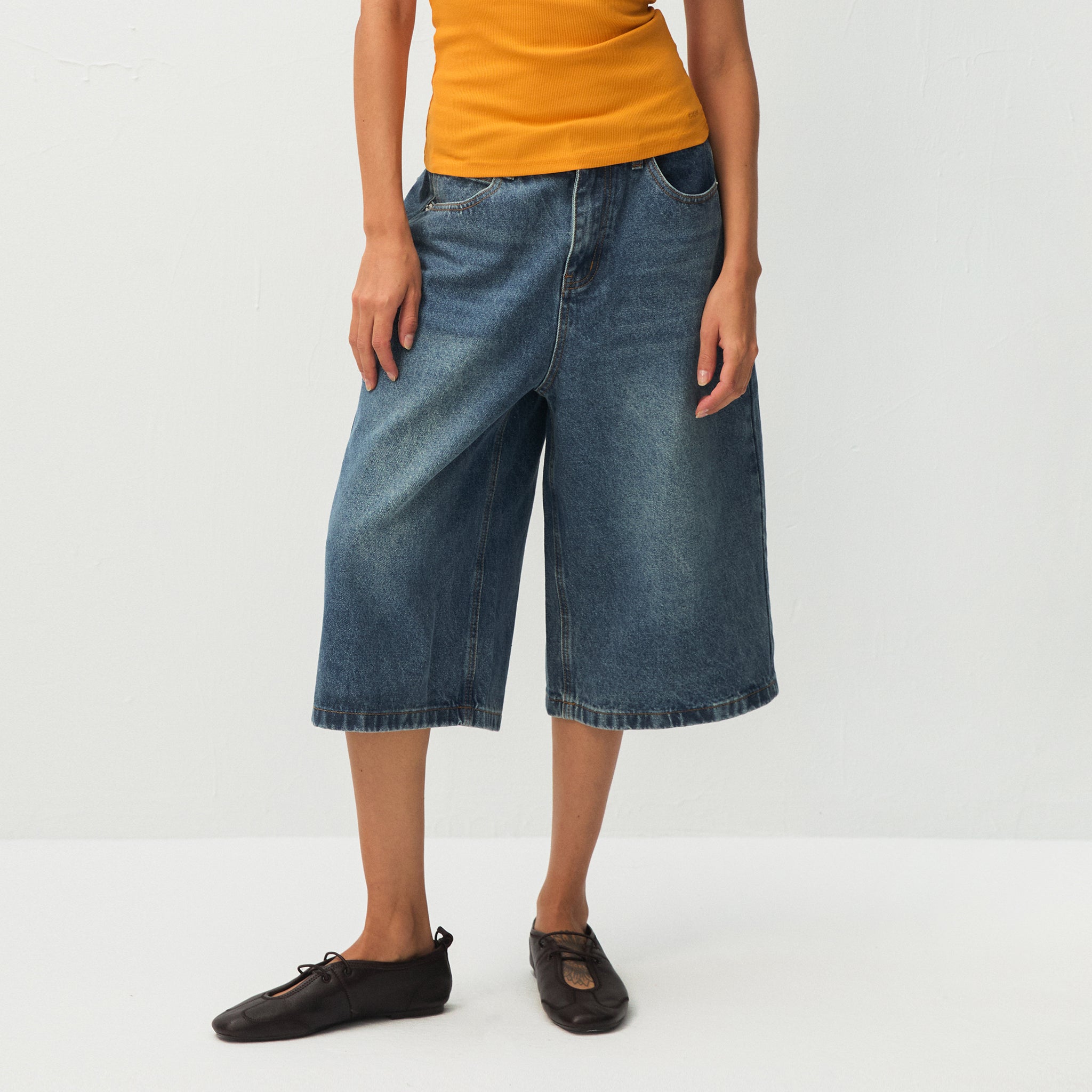 Loose Fit Knee-Length Denim Shorts-3