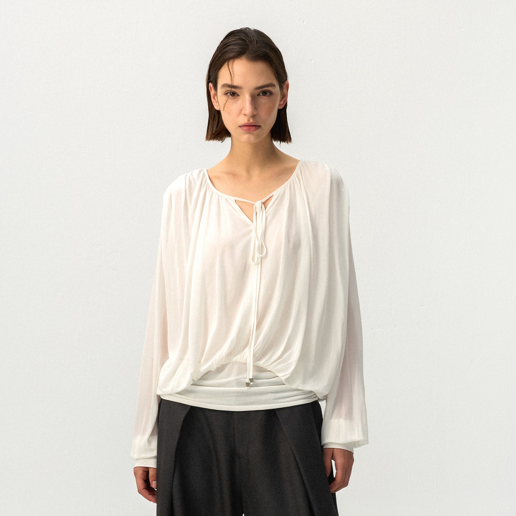 CUBIC Tie Neck Batwing Blouse-3