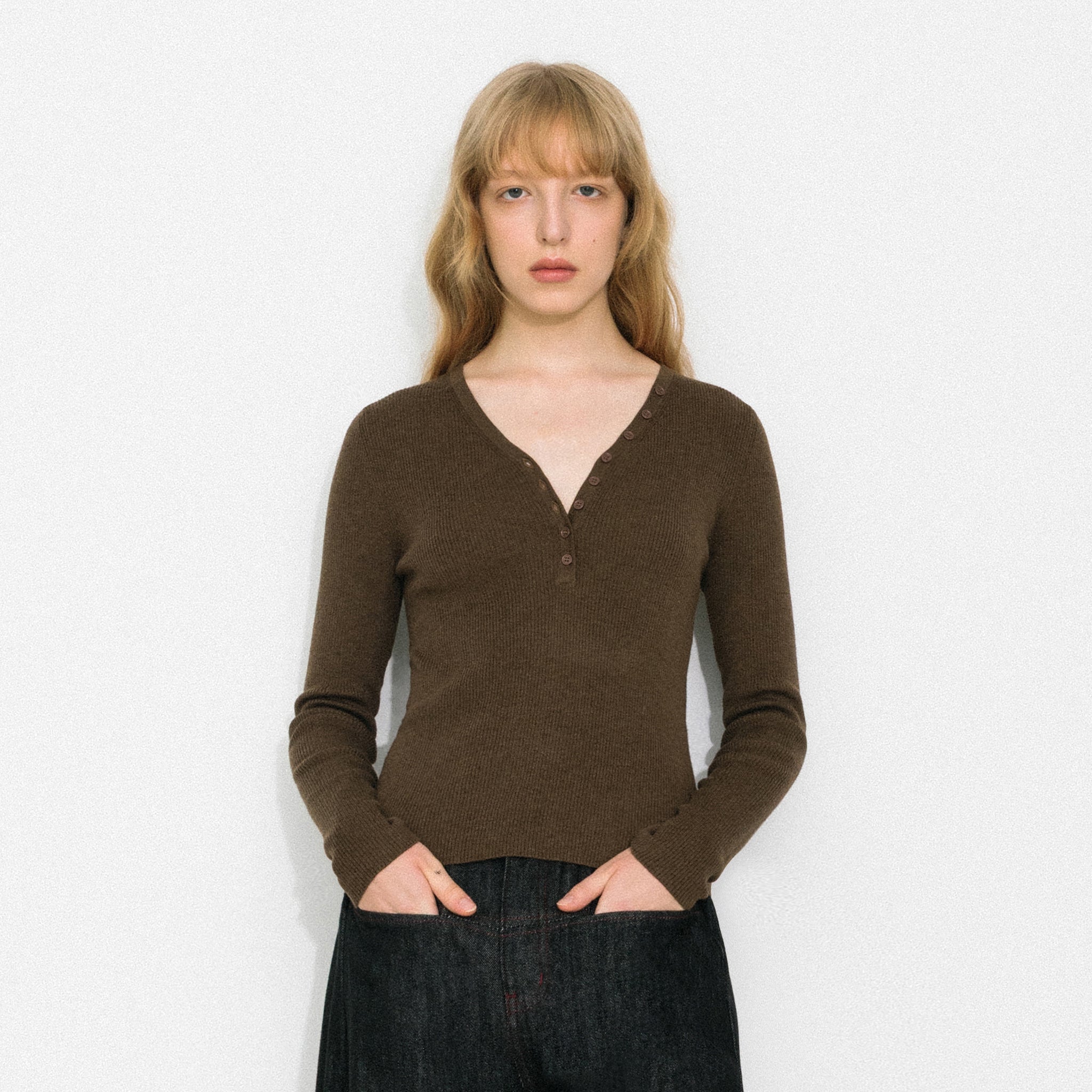 V-Neck Button-Front Fitted Knit Top-3