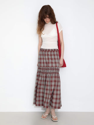 Elastic Drawstring High Waist Checked Skirt