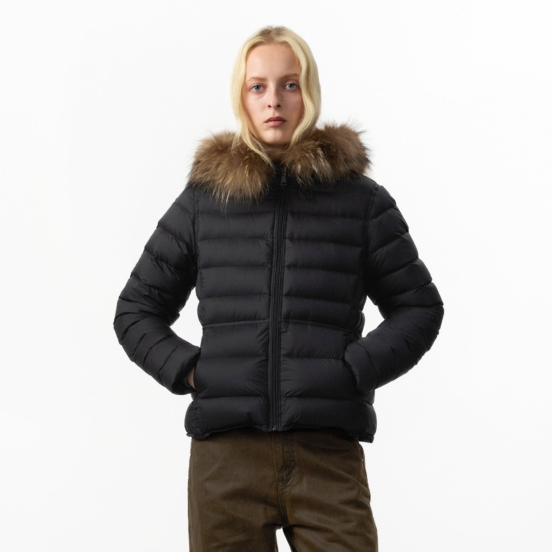 CUBIC Detachable Fur‑Trim Short Puffer Jacket-3