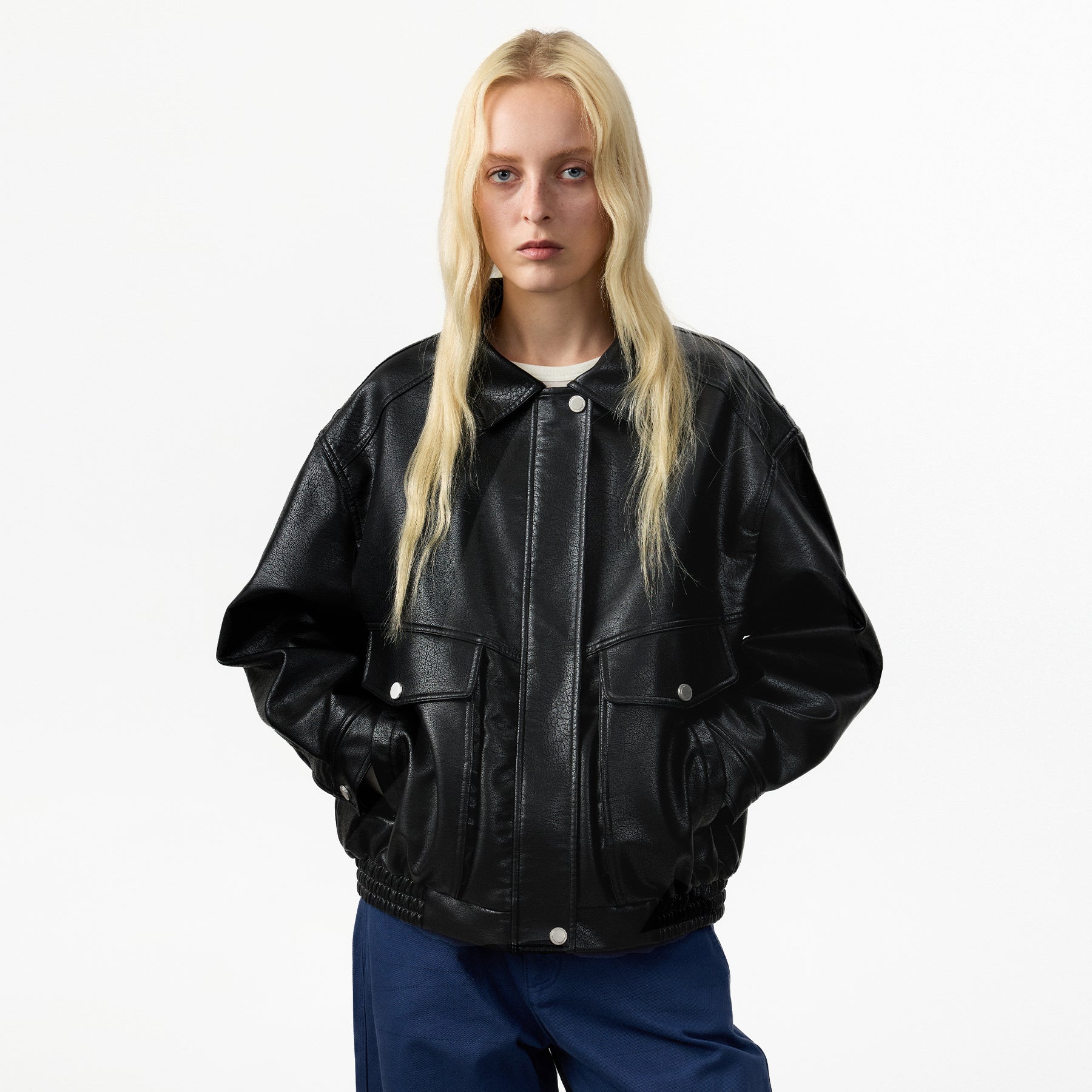 CUBIC Faux‑Leather Oversized Bomber Jacket-3