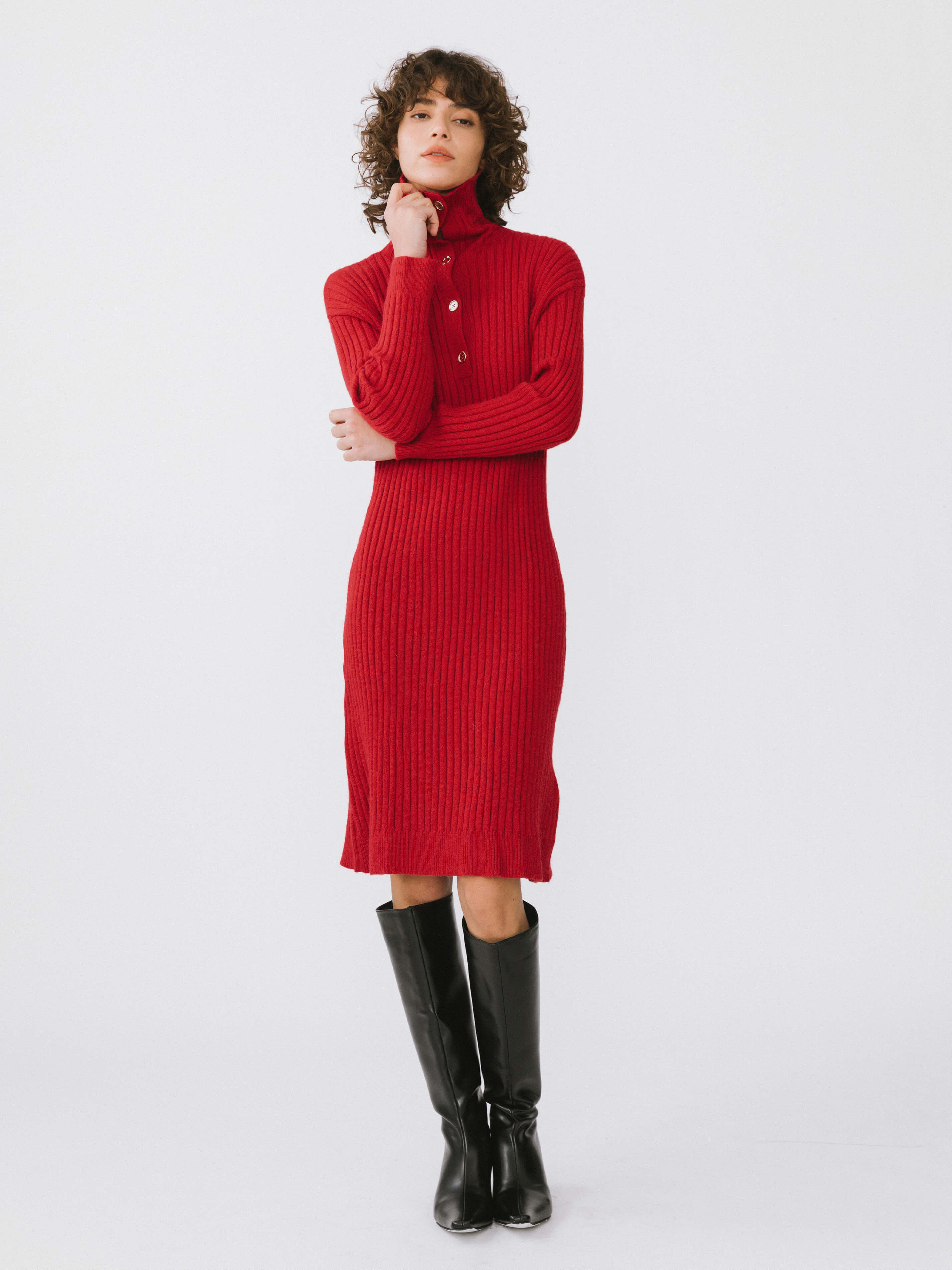 Large Lapel Red Knit Dress-3