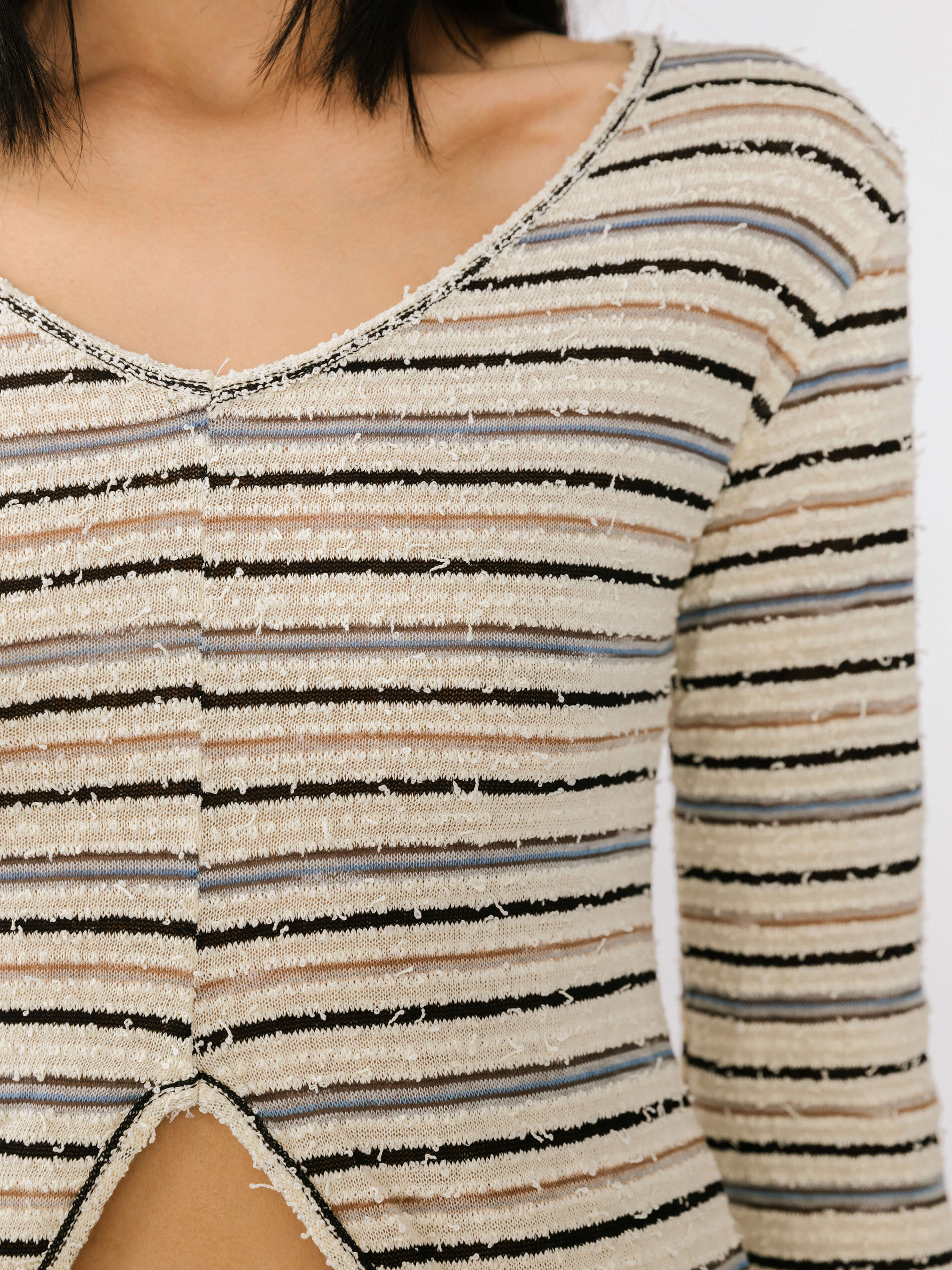 Front Slit Striped Long Sleeve Top-5