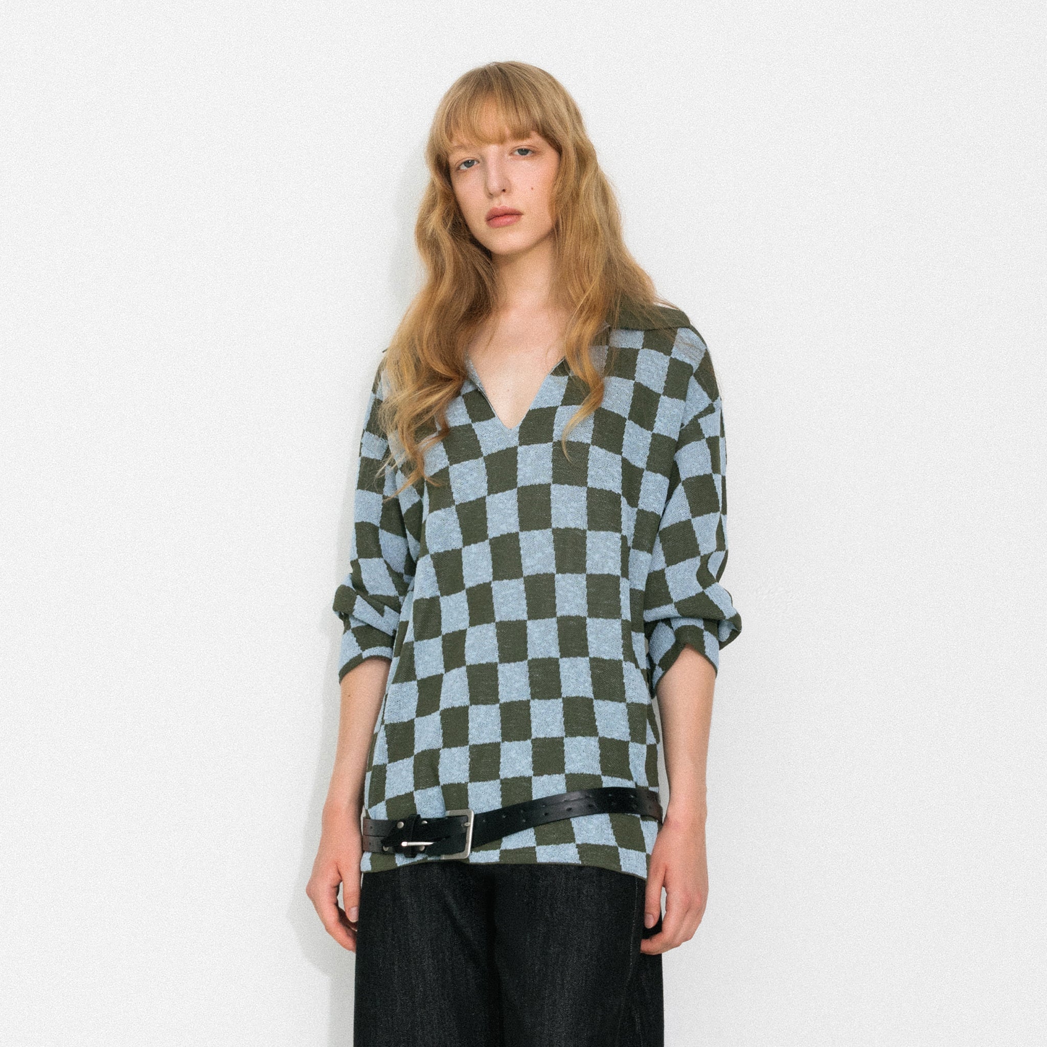 Checkerboard Contrast Knit Top-3