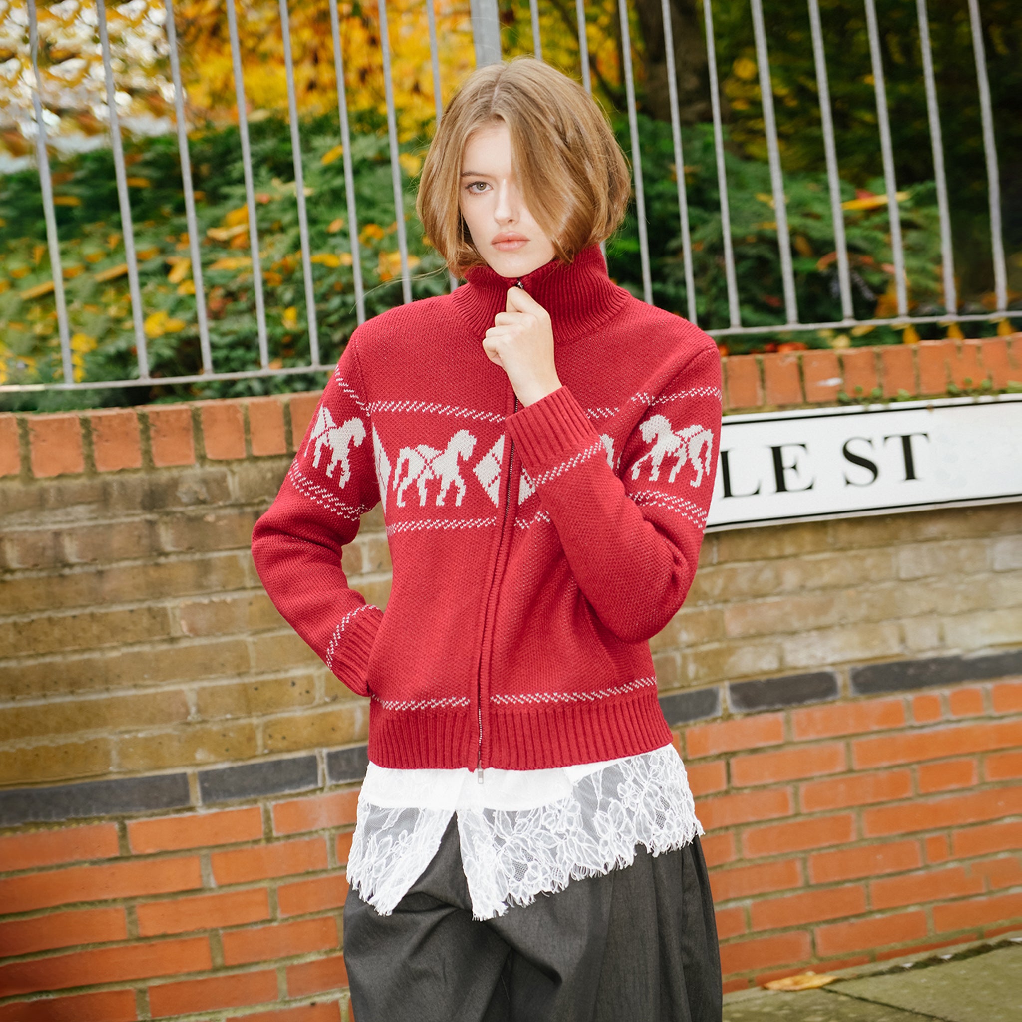 Horse Pattern Diamond Zip-Up Knit Cardigan-3