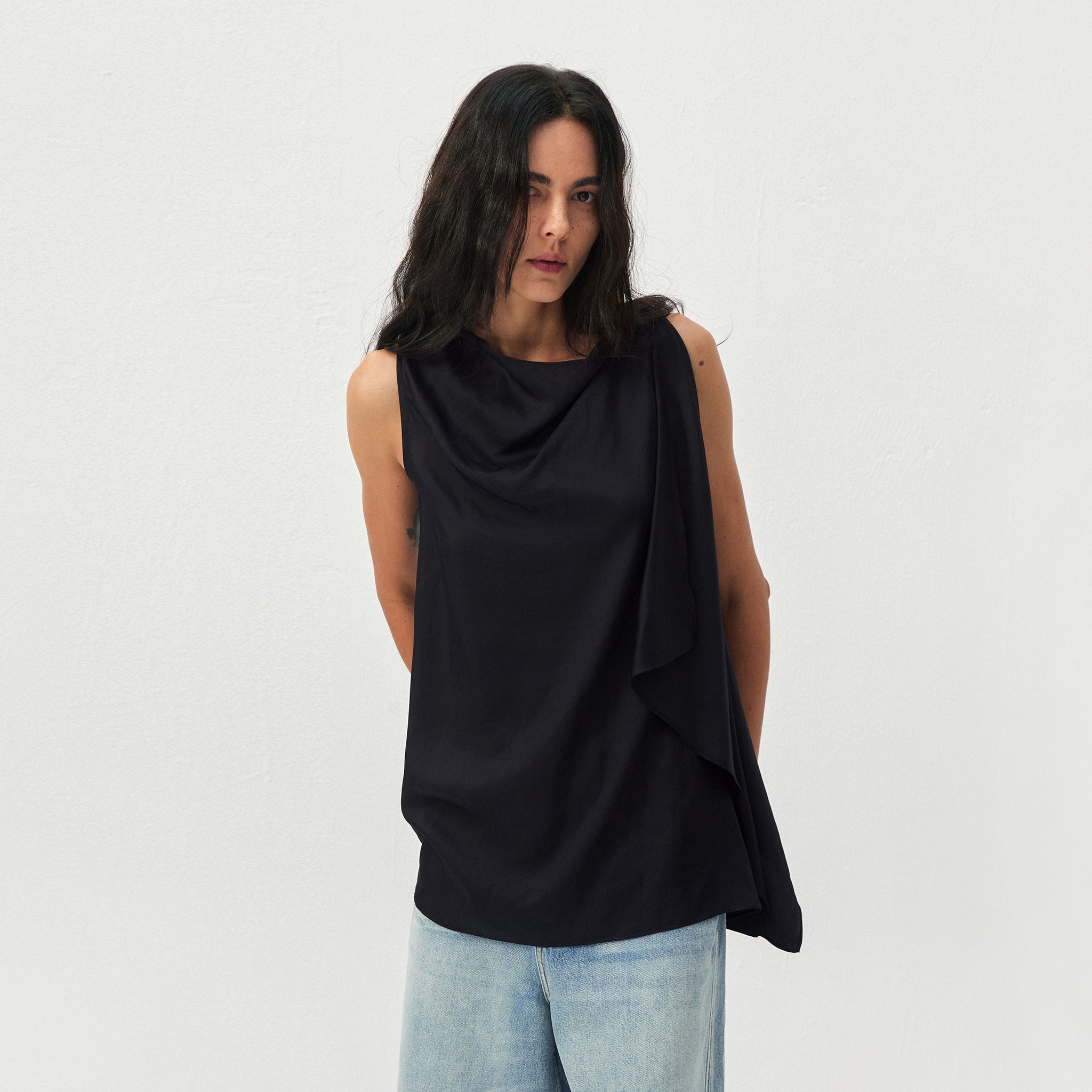 CUBIC Draped Cowl Neck Asymmetrical Sleeveless Top-3