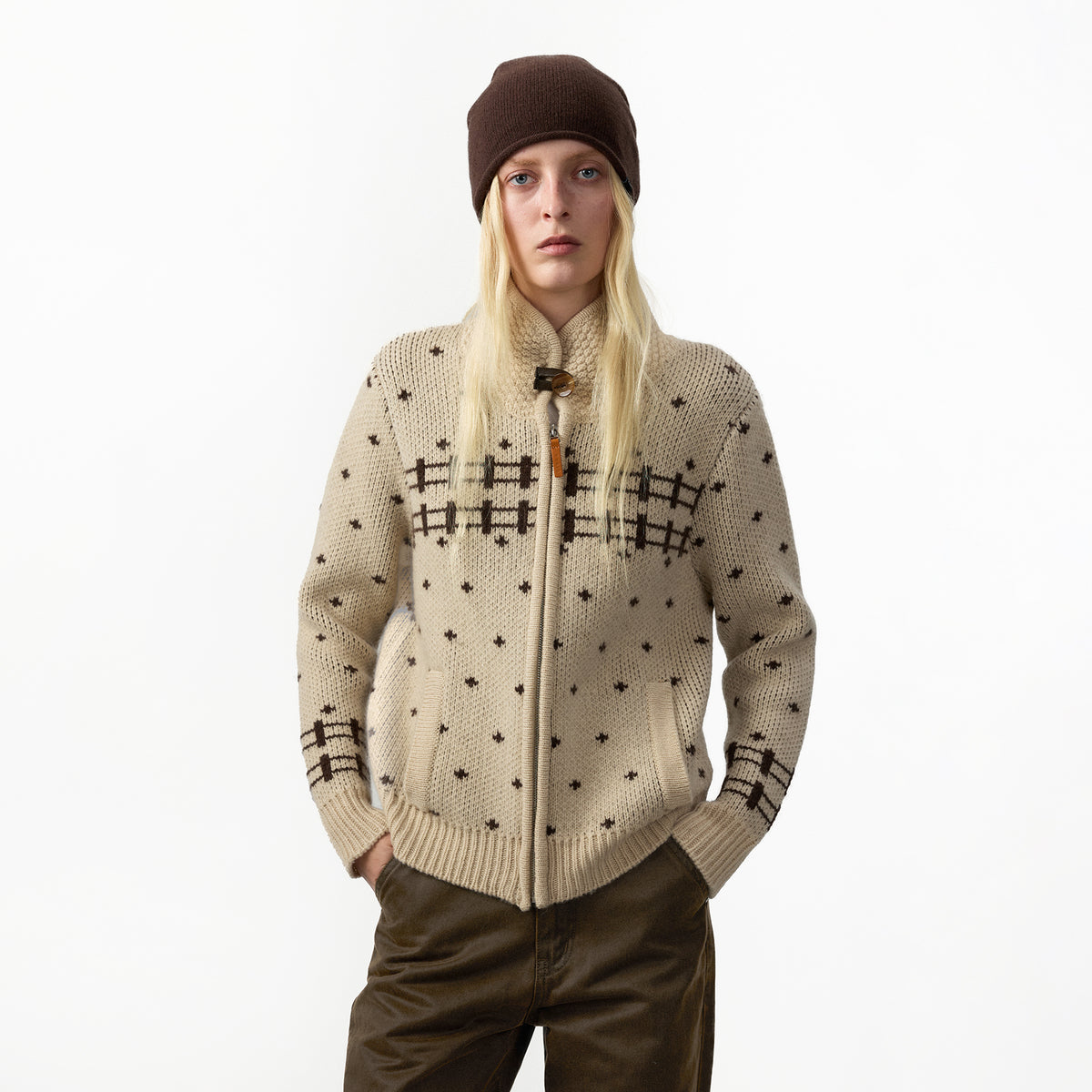 CUBIC 100% Wool Fair Isle Zip Knit Sweater-3