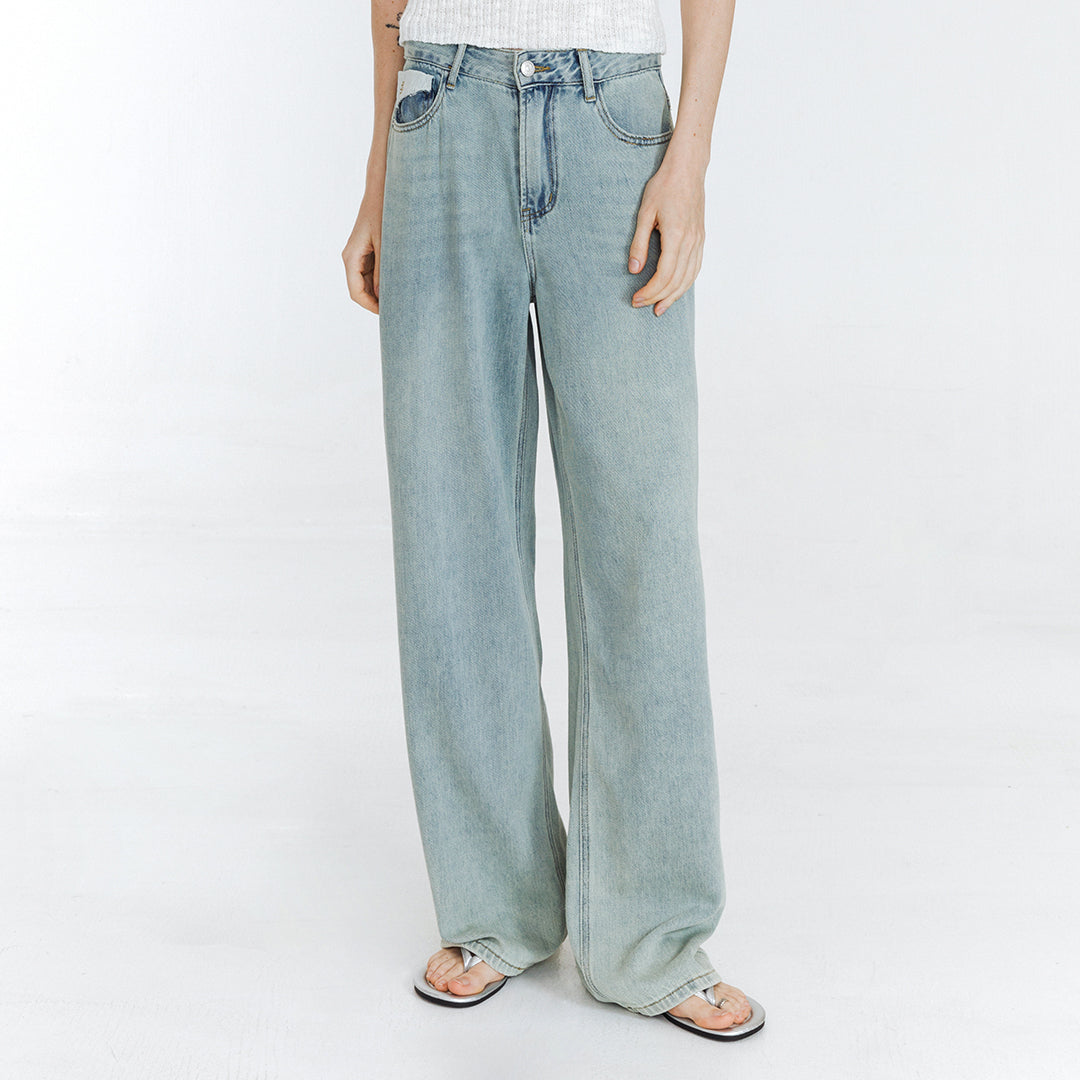 High Waist Loose Straight Washed Jeans-3