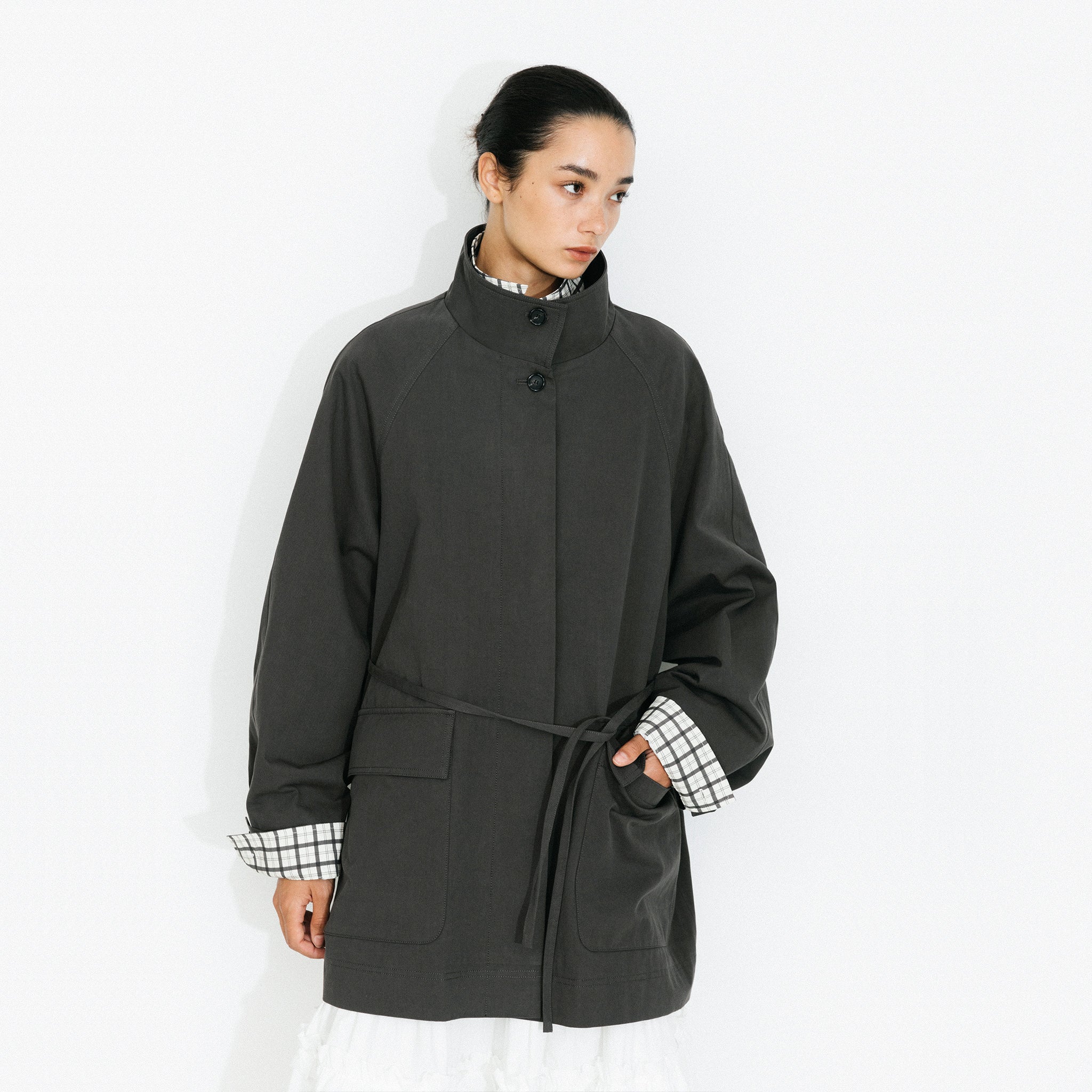 100% Cotton Stand Collar Mid-Length Tie-Waist Trench Coat-3