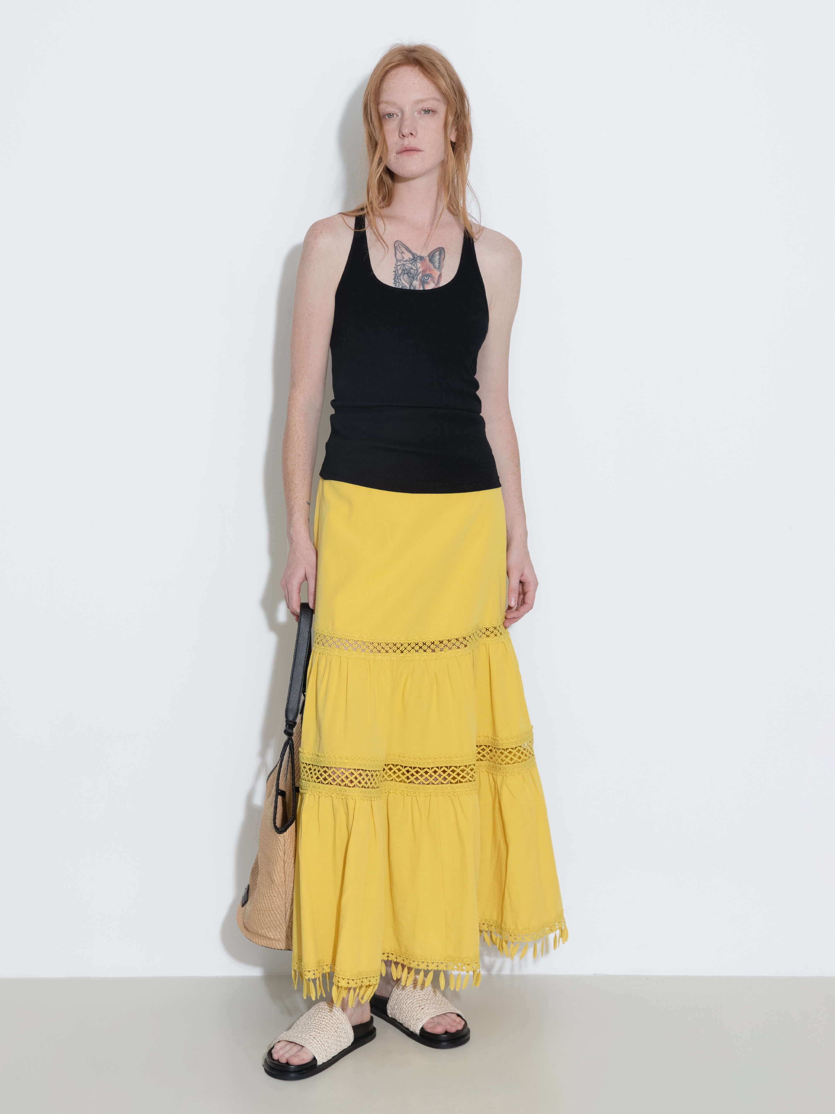 High-Waisted Hollow Out Tassel Trim Maxi Skirt-3