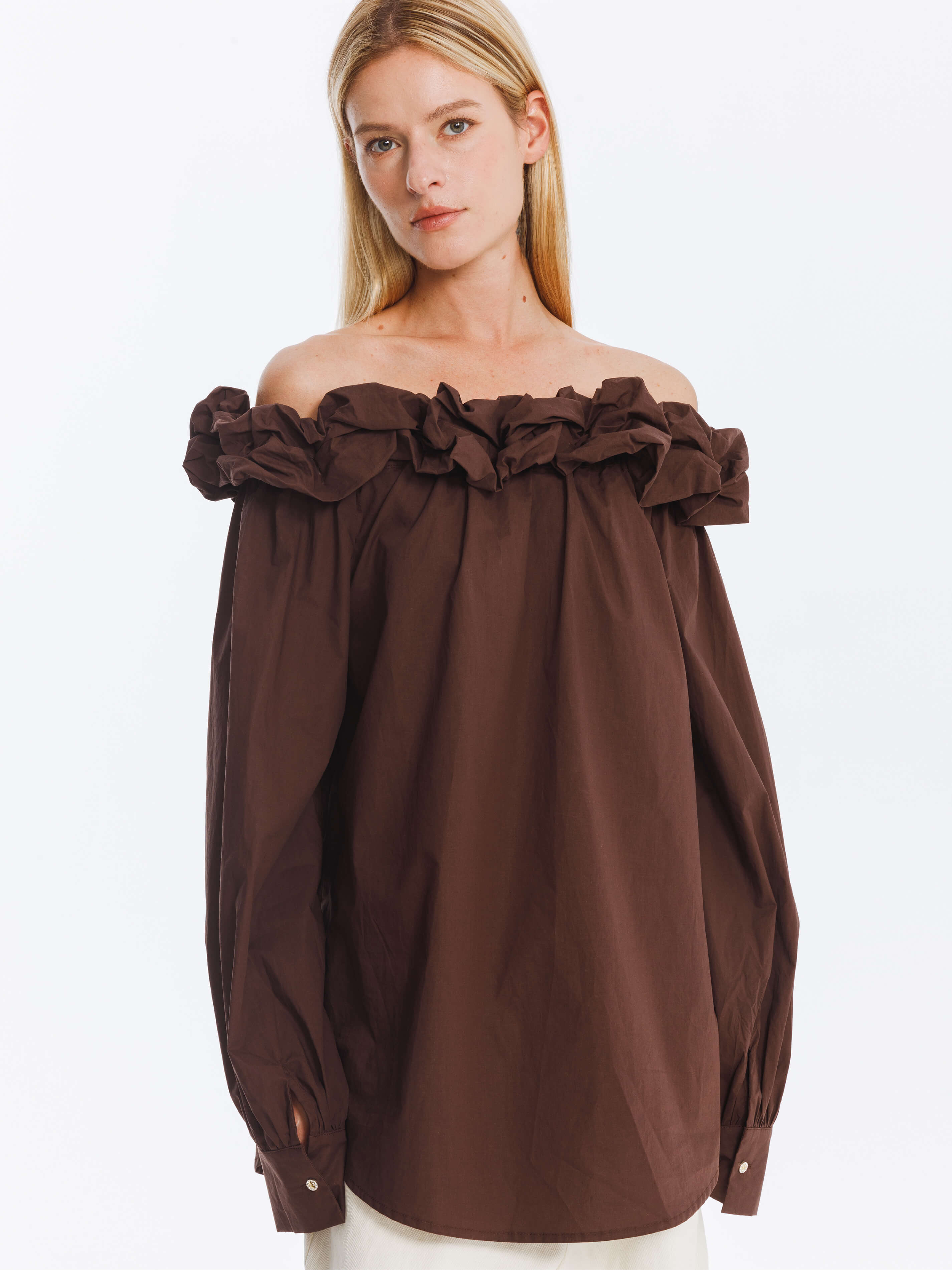 3D Ruffle Collar Long Sleeve Cotton Blouse-11