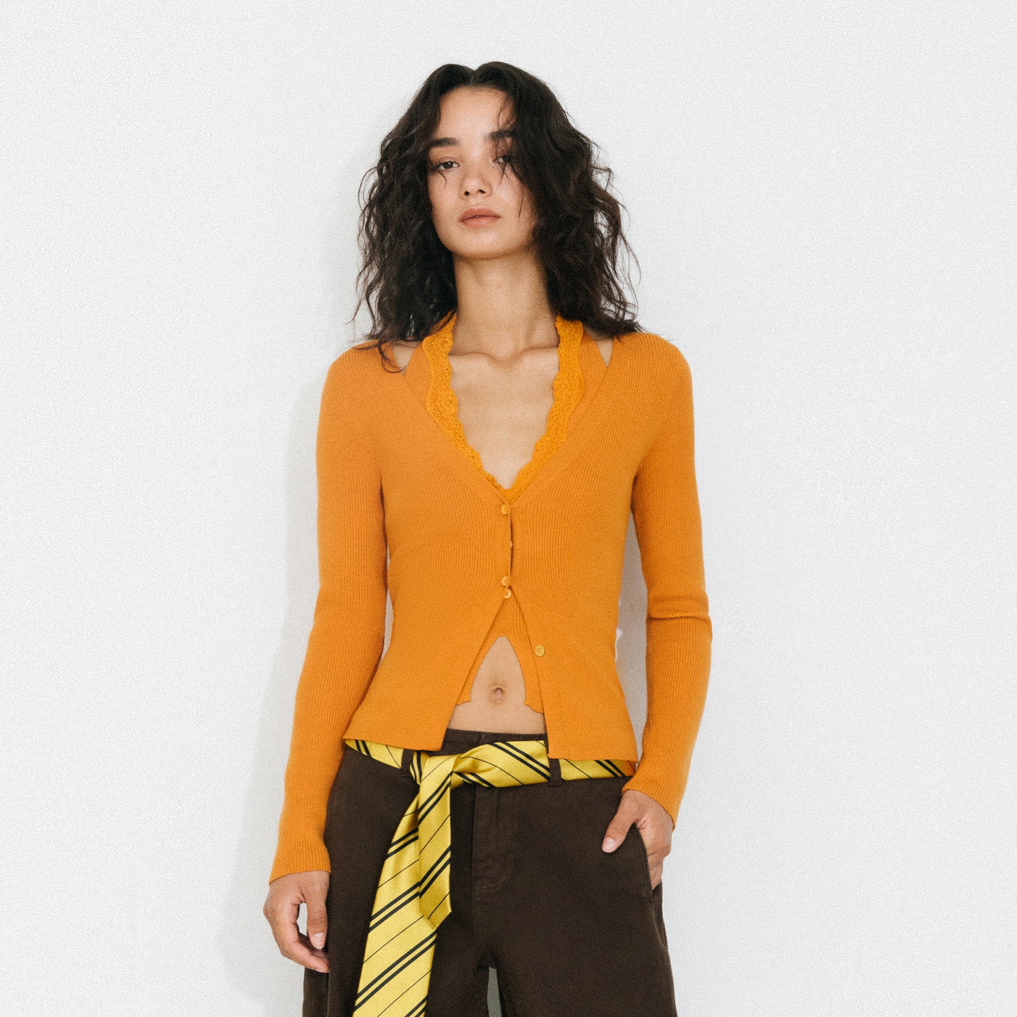 Layered Look Halter Neck Slim-Fit Knit Cardigan-3