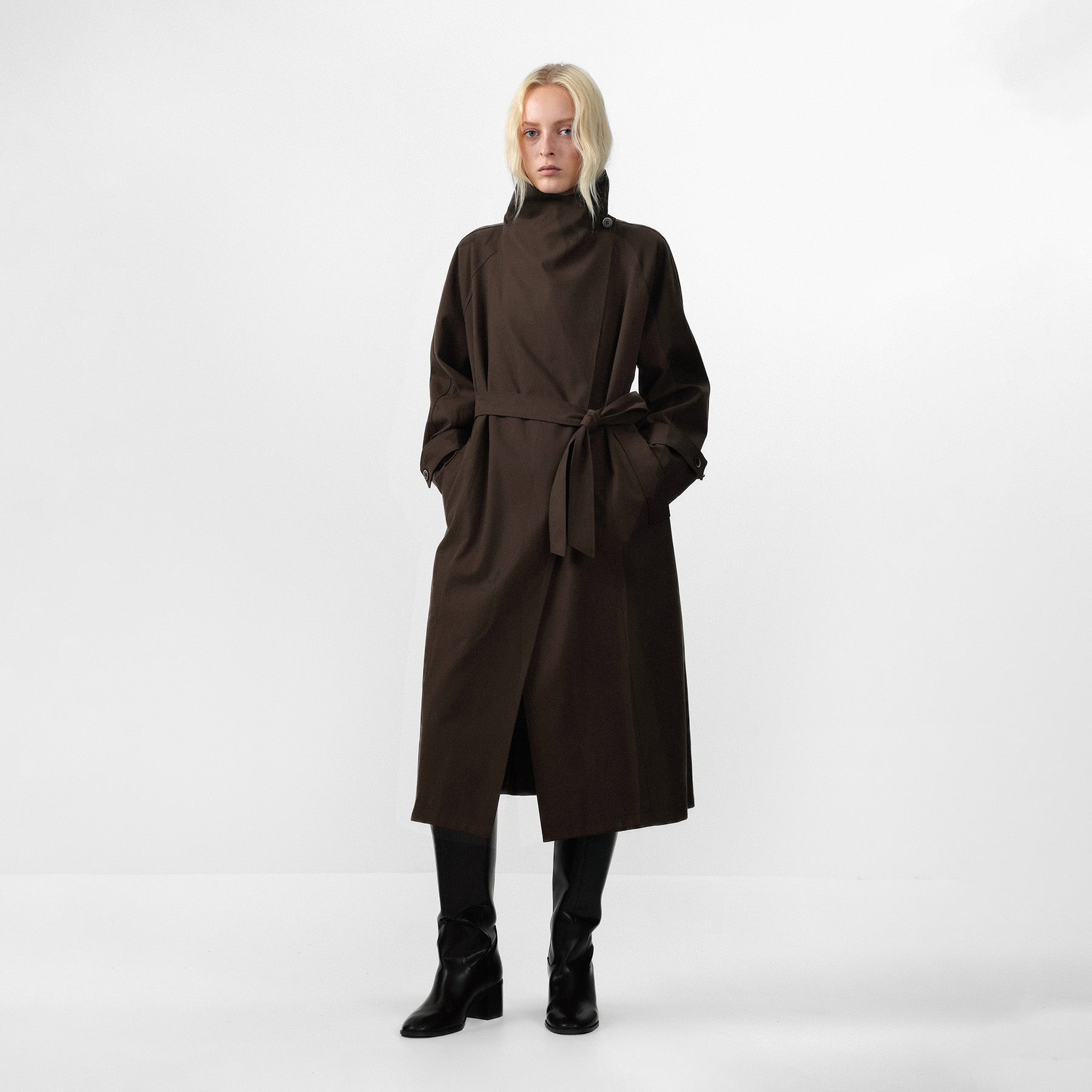 CUBIC Stand Collar Belted Long Trench Coat